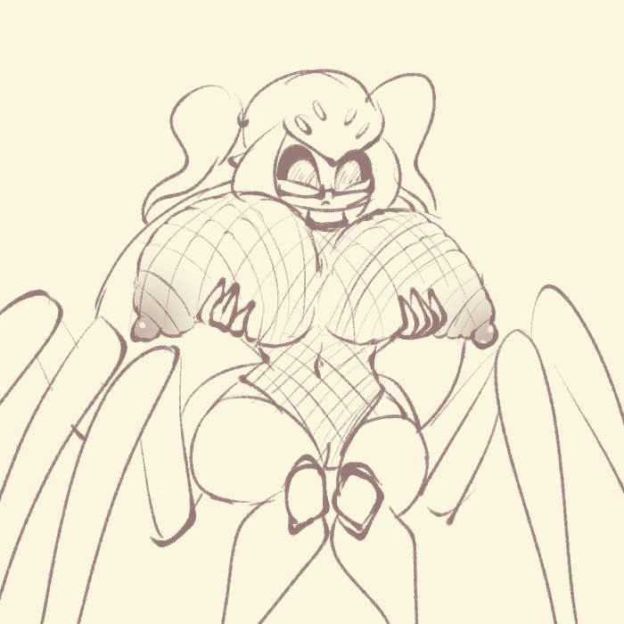 arachne arachnid arachnid_humanoid areolae breasts cesil_(zedrin) fishnet fishnet_bodysuit giant_breasts glasses holding_breast huge_breasts monster_girl naked nipples pussy sagging_breasts spider spider_girl spider_has_puss_puss twintails zedrin