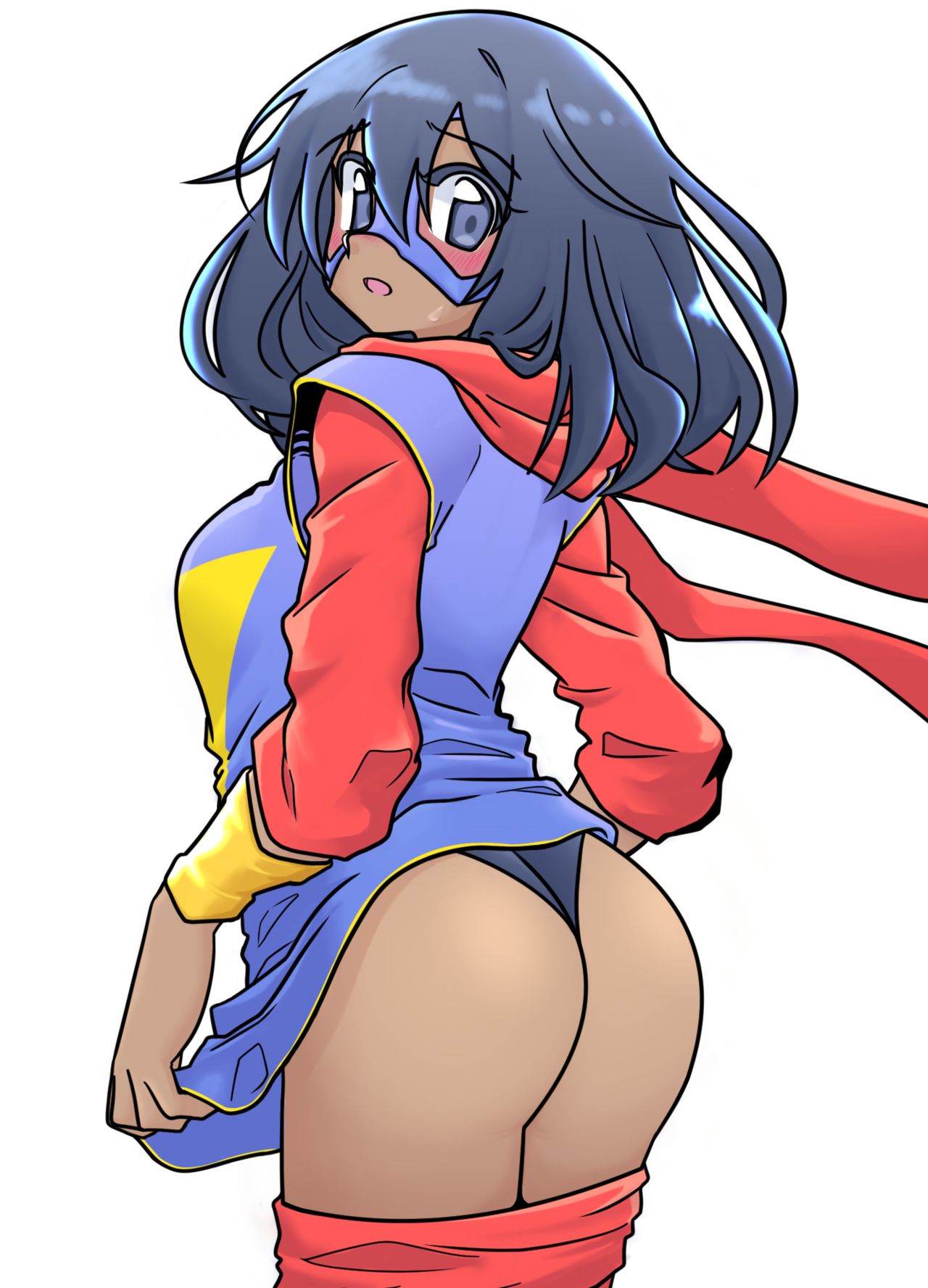 1girls, anime style, artist request, ass, ass focus, big ass, big butt, black panties, blush, dark skin, dark-skinned female, female, female focus, female only, female superhero, kamala khan, long hair, marvel, marvel comics, ms. marvel, panties, source request, superheroine, teenager, thick ass, white background