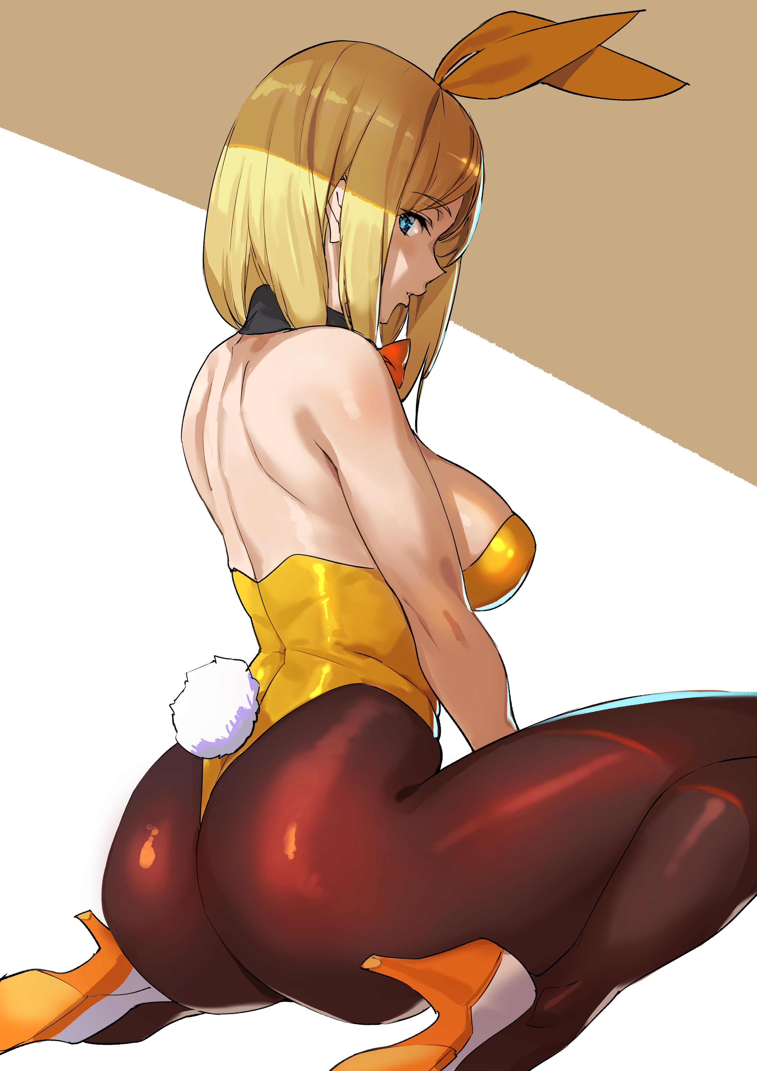 alternate hairstyle, ashiomi masato, ass, blonde hair, blue eyes, breasts, bunny ears, bunnysuit, female, guilty gear, high heels, large breasts, leotard, looking at viewer, looking back, millia rage, pantyhose, short hair, sideboob, tagme, thighs, wariza