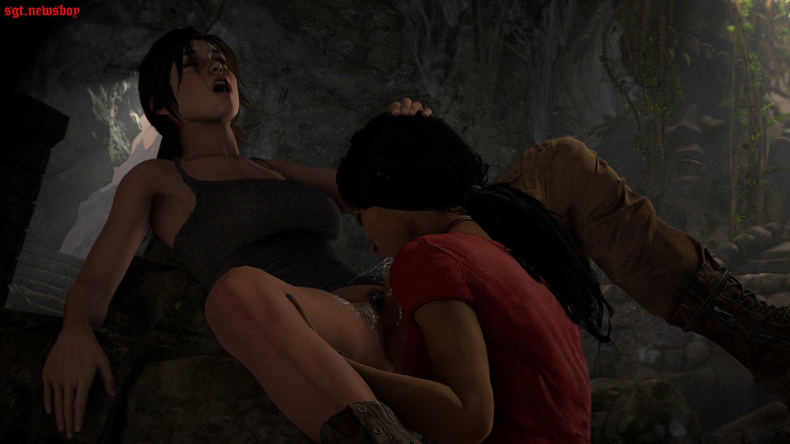 1futa, 1girls, 3d, biracial, brown hair, chloe frazer, erection, fellatio, female, futa on female, futadom, futanari, intersex, lara croft, lara croft (survivor), light skin, light-skinned futa, oral, penis, sgtnewsboy, source filmmaker, tan-skinned female, tomb raider, tomb raider (survivor), uncharted