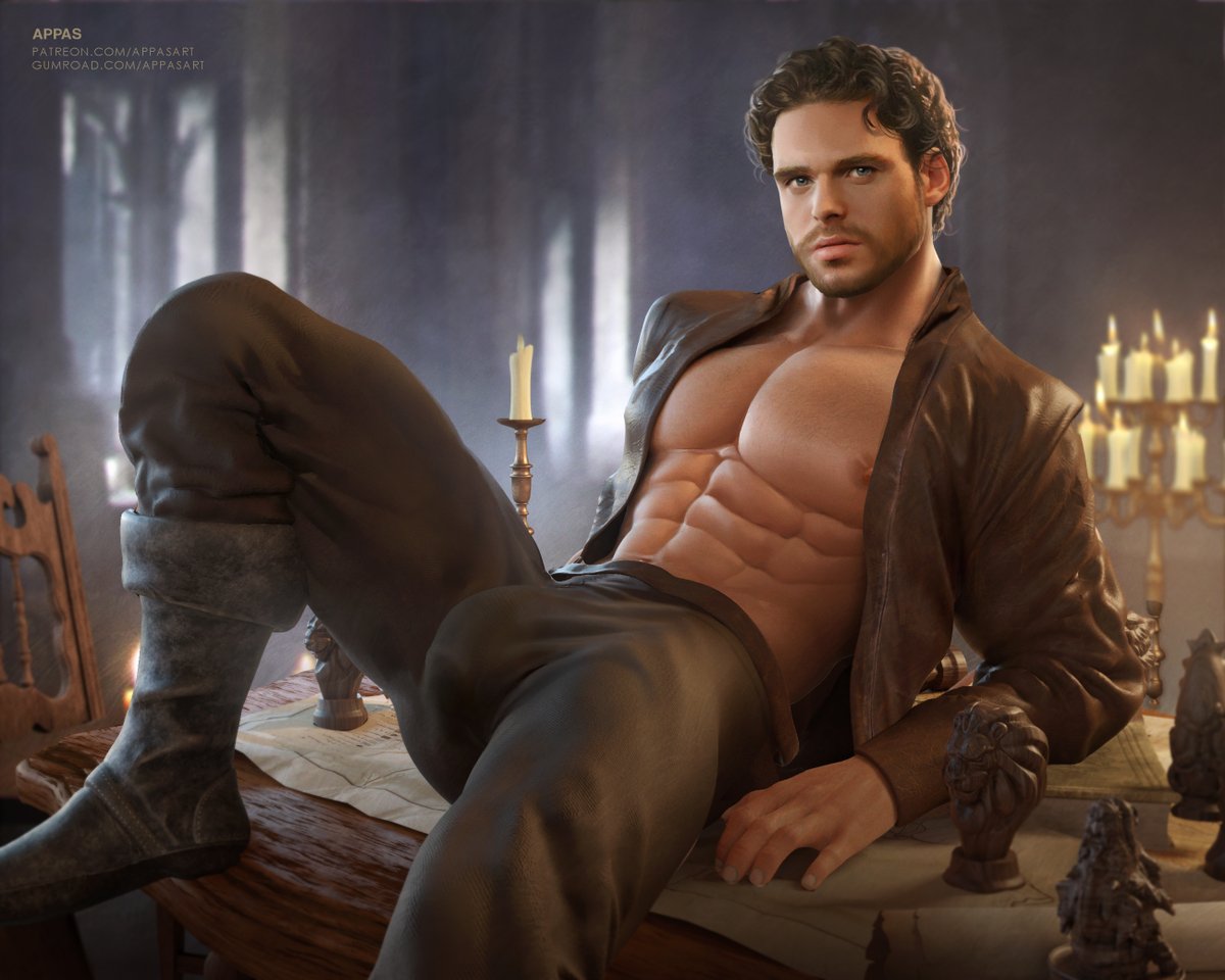 abs actor appasart bulge bulge_through_clothing celebrity clothed clothed_male facial_hair game_of_thrones house_stark in_character king_of_the_north leaning_back leaning_on_elbow looking_at_viewer male male_focus male_only muscle muscles nipple_slip nipples pecs pectorals penis_outline penis_visible_through_pants richard_madden robb_stark shirt shirt_open tagme_(artist)