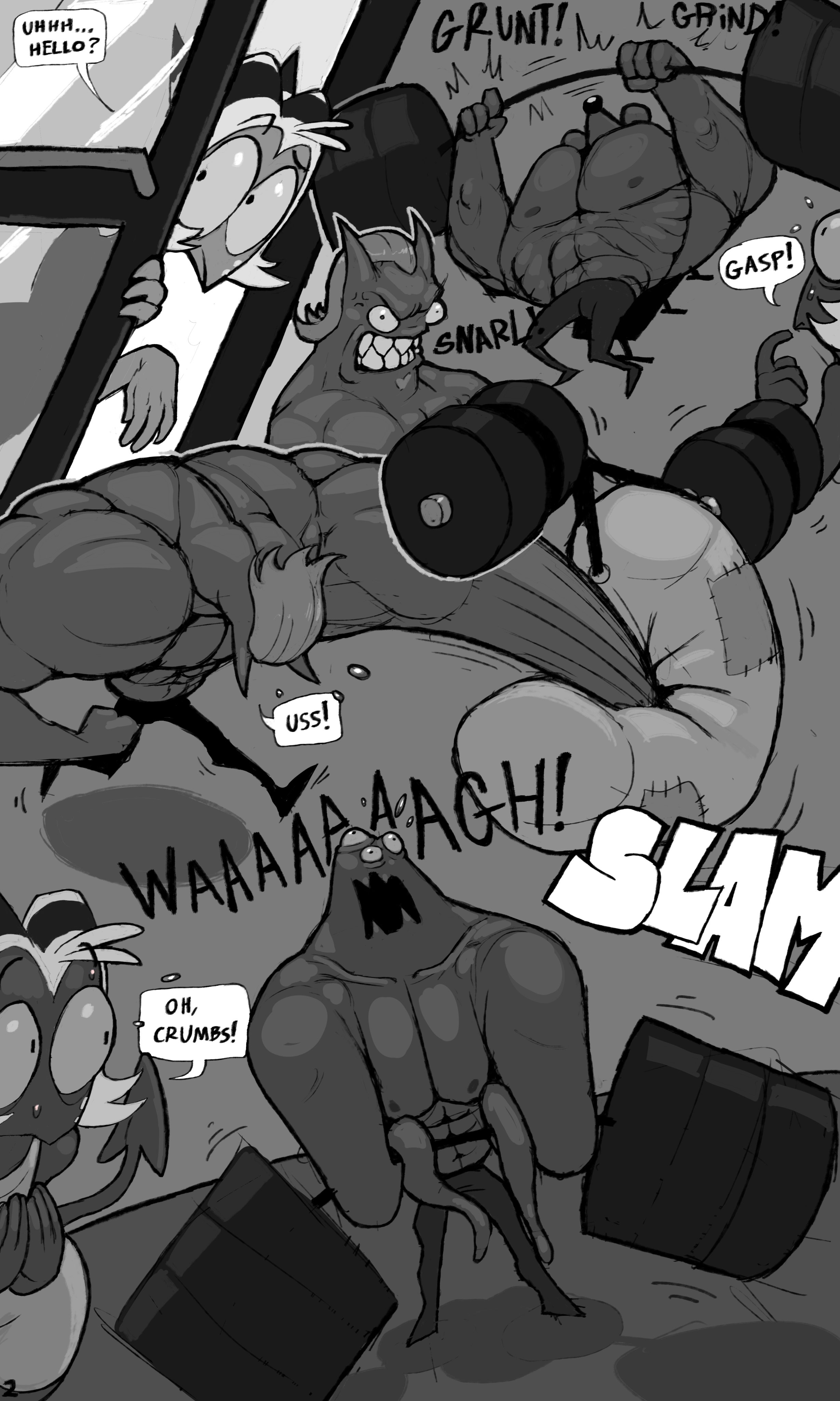 angry, ass, big ass, big butt, clenched teeth, comic, dracreloaded, greyscale, gym, helluva boss, horns, imp, male, moxxie (helluva boss), muscular, page 2, page number, punch, rat, speech bubble, sports bra, sportswear, text, thick thighs, topless, weightlifting, weights