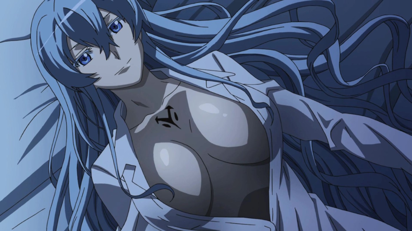 1girls, akame ga kill!, bed, bedroom, esdeath (akame ga kill!), female, laying down, laying on bed, light skin, light-skinned female, open shirt, pale skin, pale-skinned female, screenshot, screenshot edit, solo focus, tagme