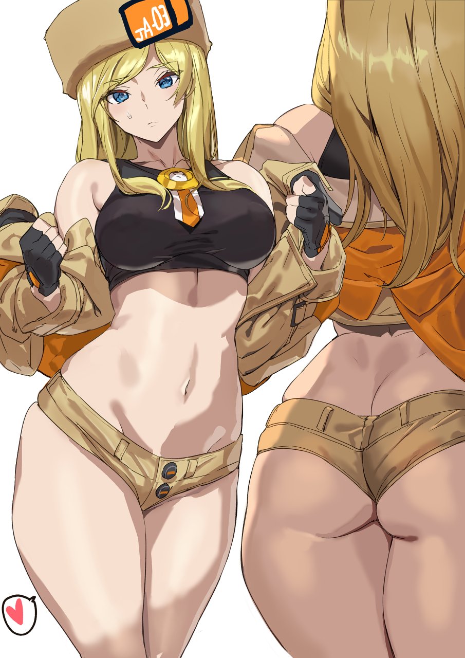 ashiomi_masato ass ass_cleavage blonde_hair blue_eyes butt_crack guilty_gear long_hair looking_at_viewer millia_rage navel short_shorts shorts solo standing sweat tagme thick_thighs thighs