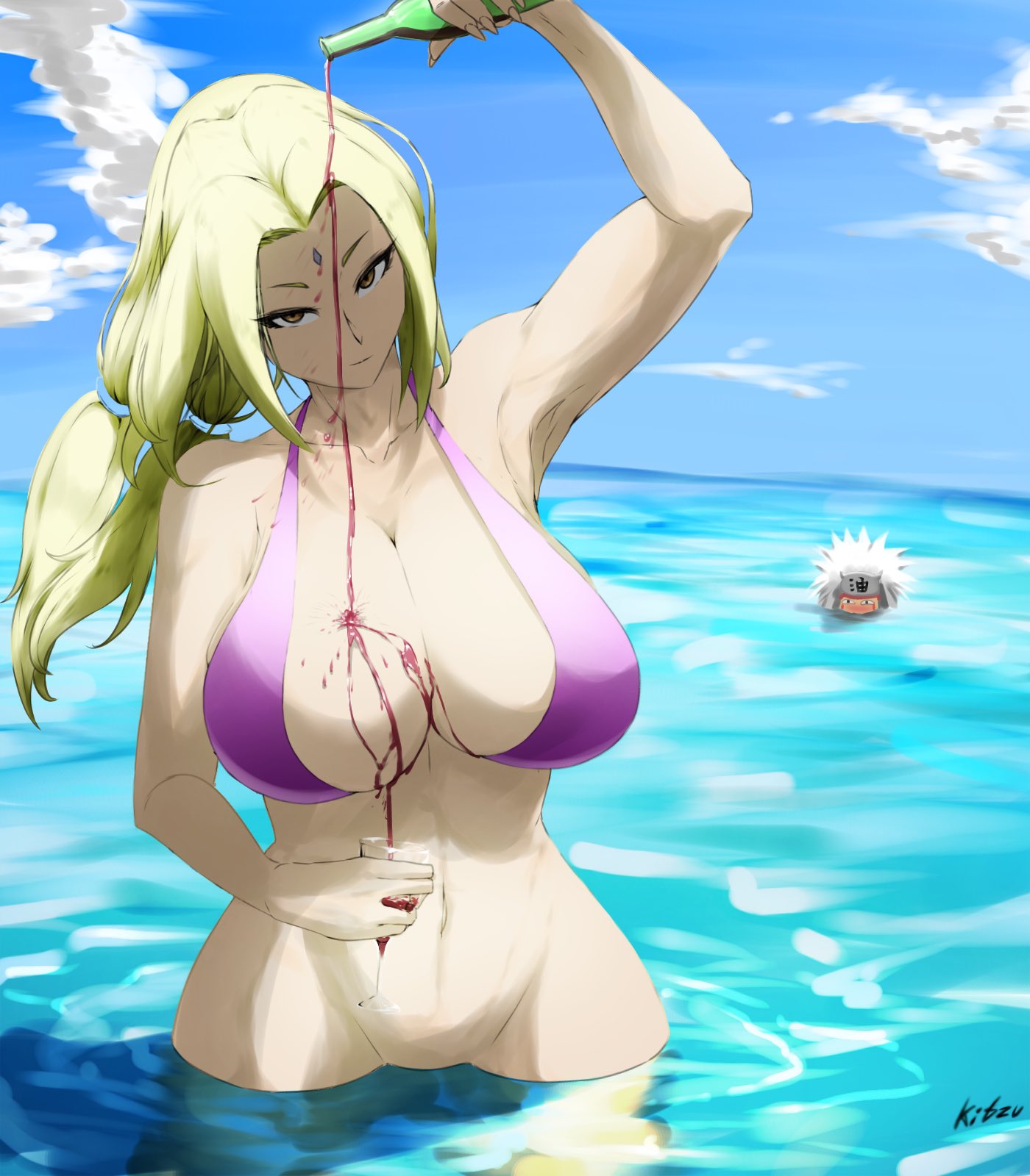 1boy, 1girls, alcohol, armpits, ass, bare shoulders, being watched, big ass, big breasts, big butt, bikini, bikini top, blonde hair, blue sky, blush, bottle, bottomless, breasts, brown eyes, busty, closed mouth, clouds, convenient censoring, eyelashes, facial mark, female, female focus, forehead mark, forehead protector, glass, headband, holding object, hourglass figure, jiraiya, kitzu art, large breasts, light skin, light-skinned female, light-skinned male, looking at viewer, male, mature, mature female, naruto, naruto (classic), naruto (series), naruto shippuden, naughty face, ocean, outdoors, outside, paipan, pale skin, pale-skinned female, partially clothed, partially submerged, pelvic curtain, pouring, pouring on self, purple bikini, shounen jump, sky, swimsuit, tied hair, tsunade, twintails, voluptuous, voyeur, voyeurism, watching, water, wide hips, wine, wine bottle, wine glass