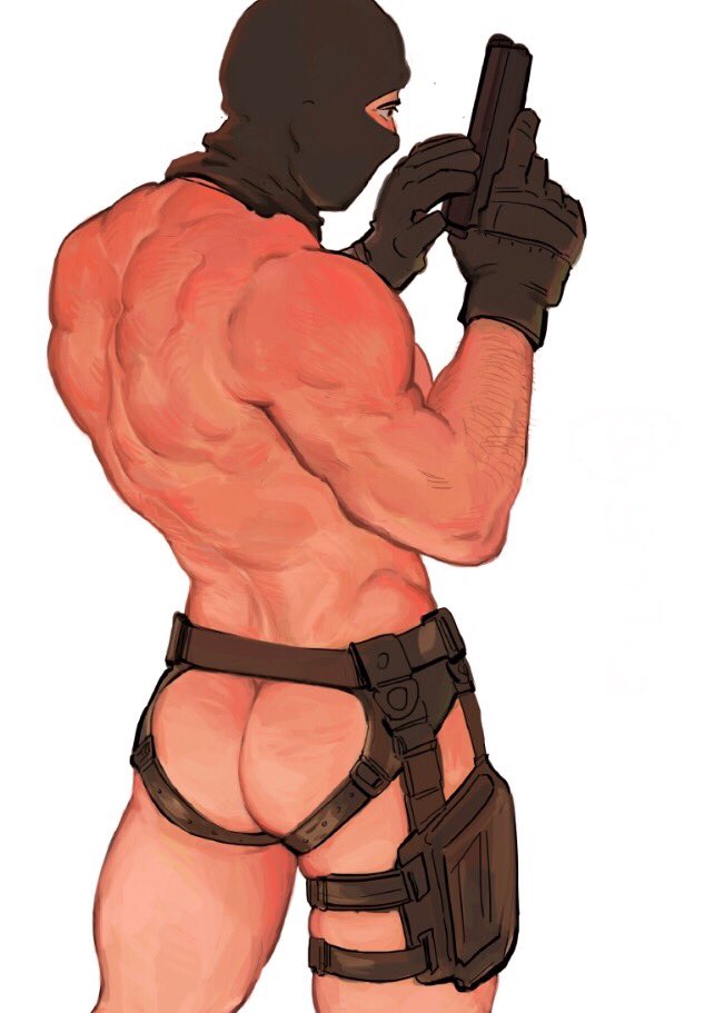1boy, ass, ass focus, back view, balaclava, bara, big ass, big butt, feet out of frame, gay, gloves, gun, holding weapon, jockstrap, male, male only, masked, masked male, mostly nude, muscles, muscular, muscular male, ranged weapon, soldier, solo, tactical nudity, tagme, thigh strap, weapon, white background, yaoi