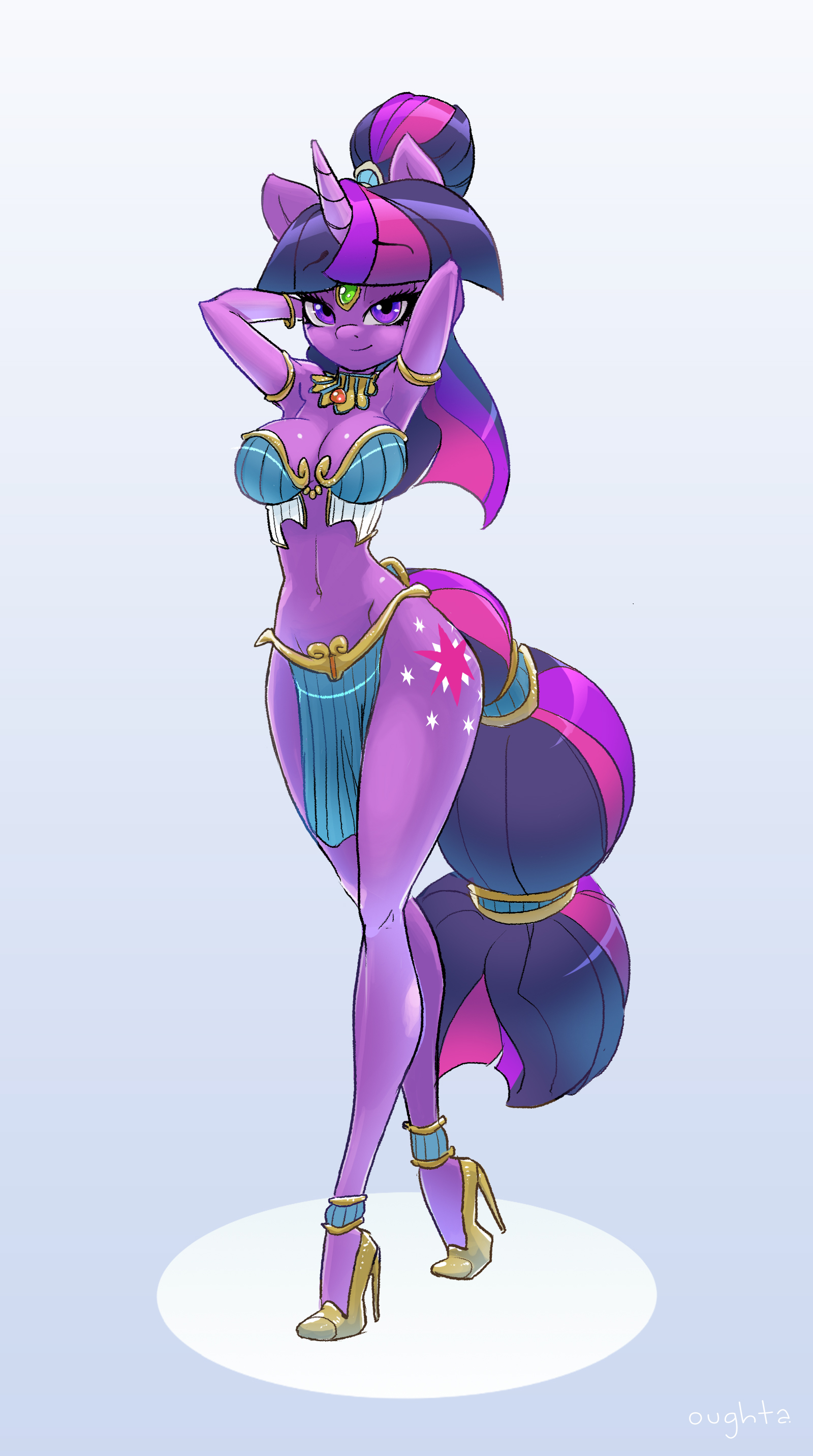 1girls, 2017, absurd res, anthro, anthrofied, armpits, arms behind head, bedroom eyes, belly dancer, belly dancer outfit, big breasts, biped, bottomwear, bra, breasts, clothed, clothing, cutie mark, dancewear, equid, equine, eyebrows, eyelashes, female, female only, footwear, friendship is magic, furry, hair, half-closed eyes, hands behind head, harem girl, harem outfit, hasbro, hi res, high heels, horn, loincloth, long hair, looking at viewer, mammal, multicolored hair, my little pony, narrowed eyes, navel, oughta, ponytail, purple eyes, purple hair, seductive, seductive smile, shoes, simple background, smile, solo, standing, twilight sparkle (mlp), underwear, unicorn, voluptuous, walking, wide hips
