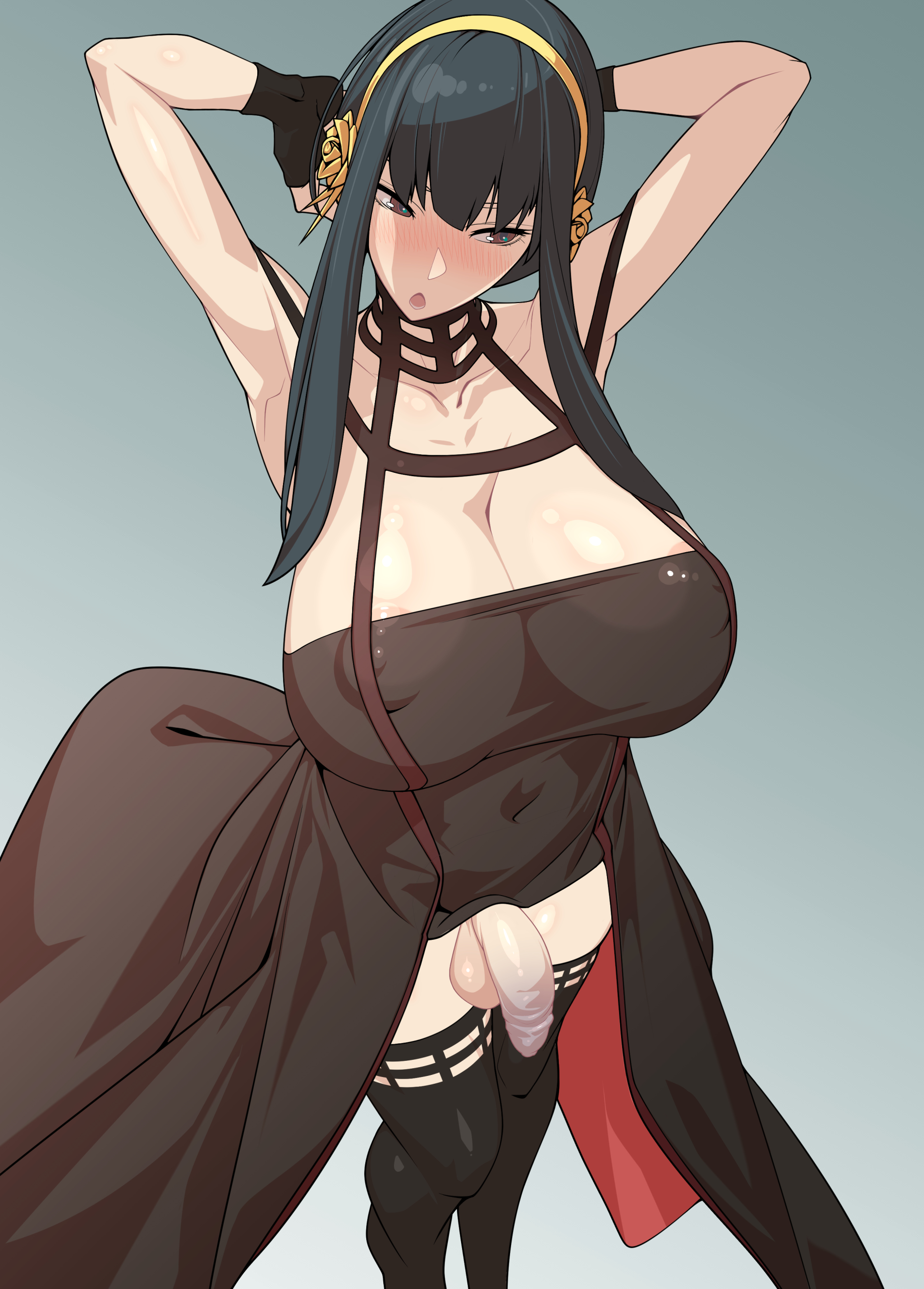 1futa, armpits, arms up, balls, bangs, big penis, black hair, bottomless, bow, breasts, brown eyes, clothed, clothing, flaccid, foreskin, futa only, futanari, high-angle view, huge breasts, human, intersex, light skin, light-skinned futa, long hair, mostly clothed, penis, solo, spy x family, standing, stockings, thick thighs, thighs, tomoyuki kotani, uncensored, uncircumcised, uncut, unretracted foreskin, yor briar, yor forger