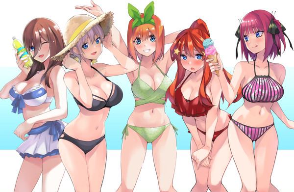 5girls, beach background, big breasts, bikini, blush, breasts, brown hair, butterfly hair ornament, female, female focus, go-toubun no hanayome, happy, highres, hikari no oukokumin, large breasts, long hair, looking at viewer, multiple females, multiple girls, nakano ichika, nakano itsuki, nakano miku, nakano nino, nakano yotsuba, open mouth, orange hair, pink hair, ponytail, purple hair, quintuplets, red hair, short hair, sisters