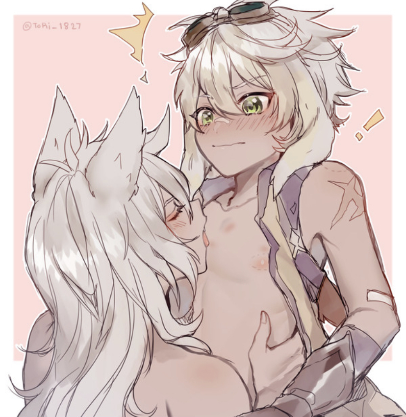 bennett (genshin impact), blush, genshin impact, goggles, grey hair, licking, male, male only, razor (genshin impact), wolf ears, yaoi