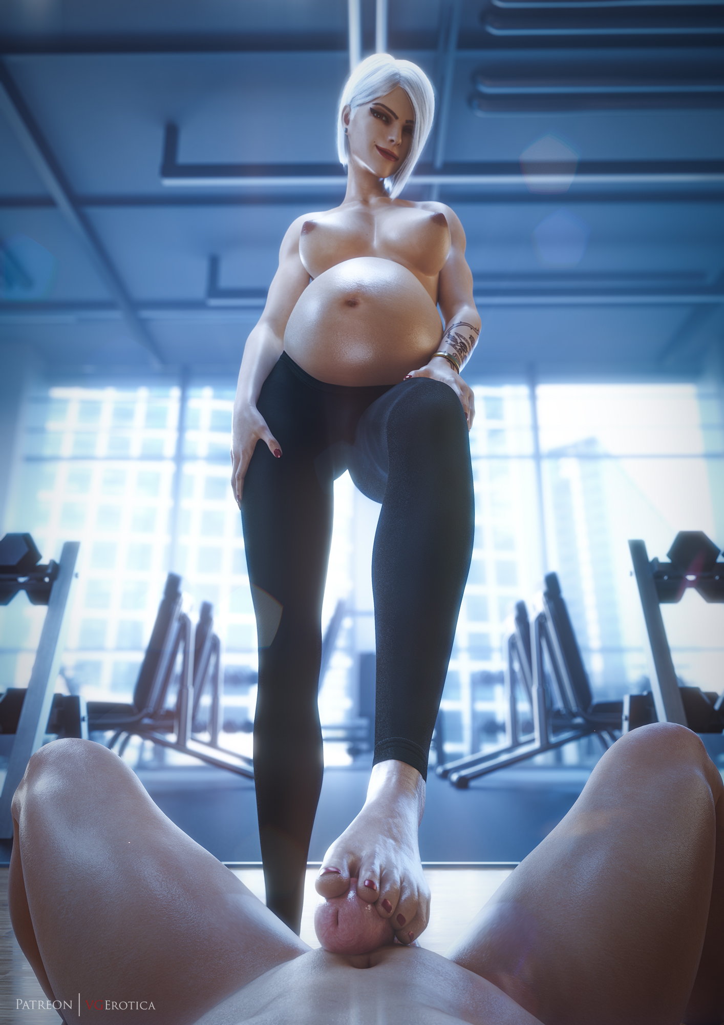 1boy, 1girls, 3d, areolae, ashe (overwatch), barefoot, beauty mark, big breasts, blender, blender (software), breasts, erection, feet, female, femdom, foot fetish, foot play, footjob, footjob with legwear, footjob with one foot, glistening, glistening body, glistening skin, gym, huge belly, large breasts, leggings, lipstick, looking at viewer, makeup, male, male pov, malesub, nail polish, nipples, outercourse, overwatch, pants, pants only, penis, pov, pregnant, ready to pop, red lipstick, red nails, shiny skin, short hair, smile, smiling, smiling at viewer, standing, standing footjob, stepped on, stepping on penis, straight, sweat, sweaty, tattoo, toenail polish, toes, topless, vgerotica, white hair, yoga pants