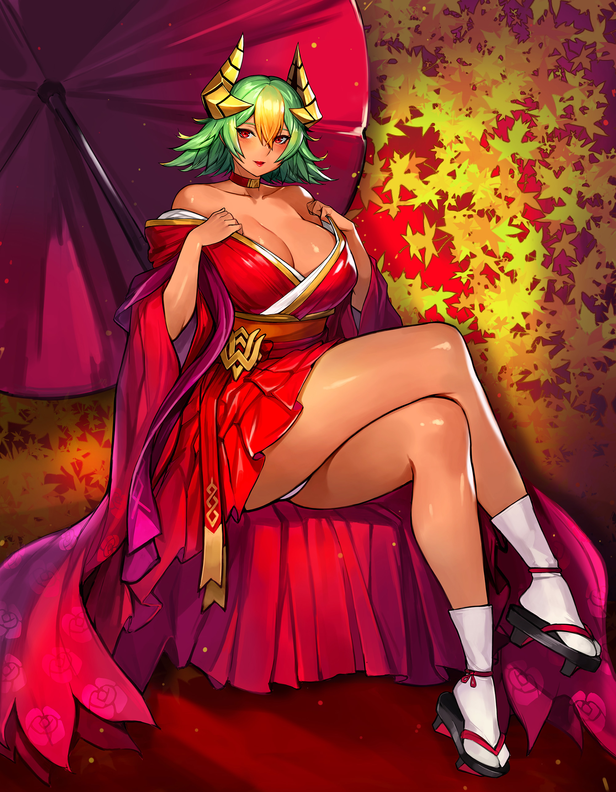 1girls, absurdres, alternate costume, bangs, bare shoulders, blonde hair, blush, breasts, choker, cleavage, collarbone, commentary, crossed legs, curvy, dark skin, dark-skinned female, fake horns, female, fire emblem, fire emblem heroes, full body, geta, gradient, gradient hair, green hair, gurimjang, hair ornament, hakama skirt, headgear, highres, horns, japanese clothes, kimono, laegjarn (fire emblem), large breasts, lips, looking at viewer, multicolored hair, nintendo, open mouth, panties, pantyshot, parasol, sandals, shiny, shiny hair, shiny skin, short green hair, short hair, simple background, sitting, smile, solo, tabi, thighs, two-tone hair, umbrella, underwear, undressing, upskirt, white legwear, white panties, wide sleeves
