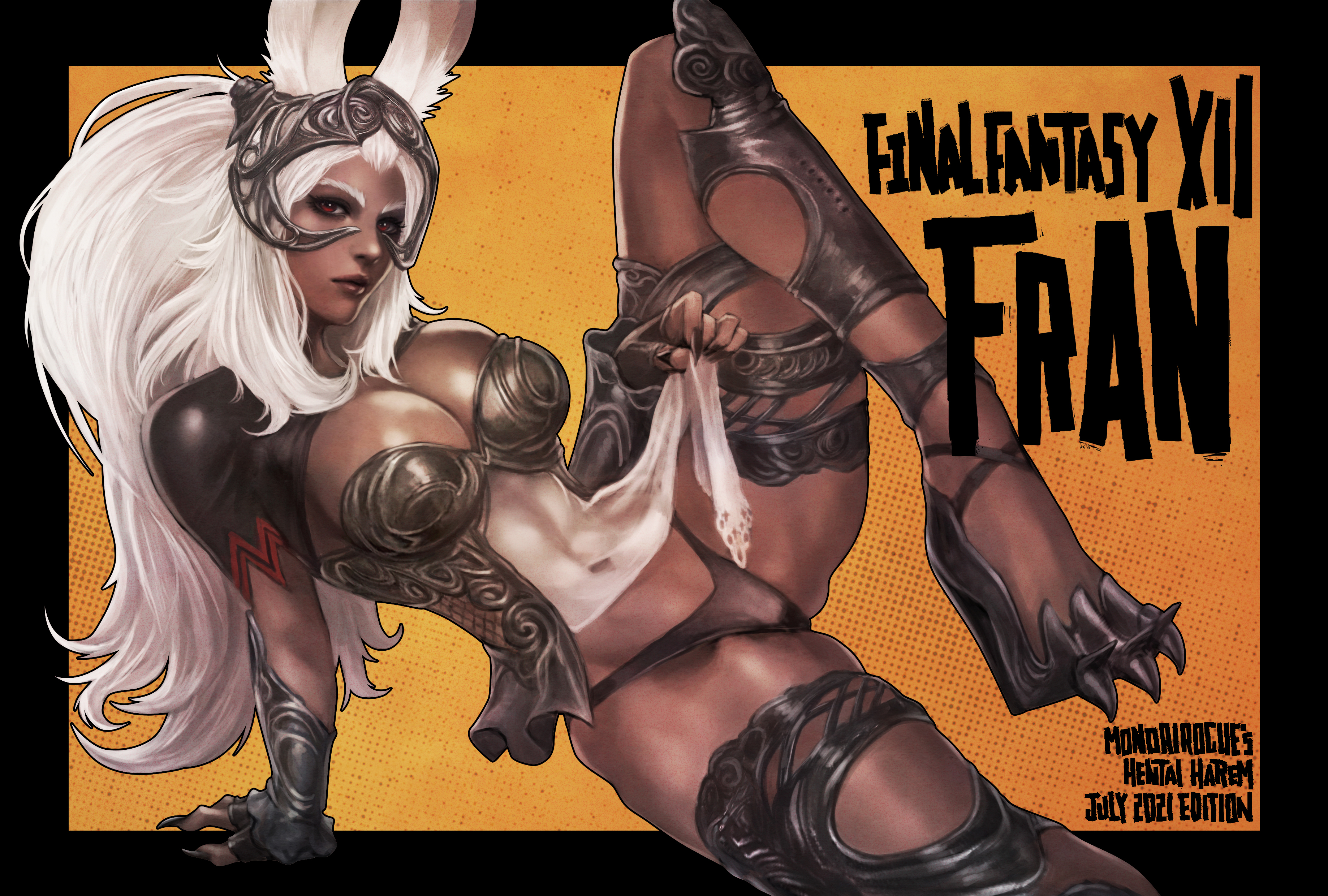 1girls, 2021, 2d, 4k, arm support, black panties, breasts, bunny ears, cleavage, clothing, dark skin, dark-skinned female, english text, female, female only, final fantasy, final fantasy xii, fran (ffxii), helmet, hi res, high heels, large breasts, long fingernails, looking at viewer, monorirogue, panties, pinup, pose, red eyes, see-through, see-through clothing, solo, solo female, square enix, text, very long hair, viera, white hair
