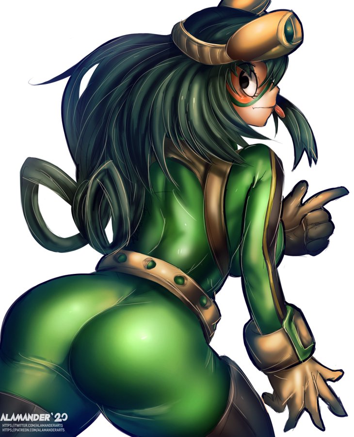 1girls, 2020, alamanderarts, ass, blush, clothed, female, frog, froppy, gloves, goggles, goggles on head, green clothing, green hair, green-haired female, hair ribbon, hero outfit (mha), mask, my hero academia, superheroine, tongue, tongue out, tsuyu asui