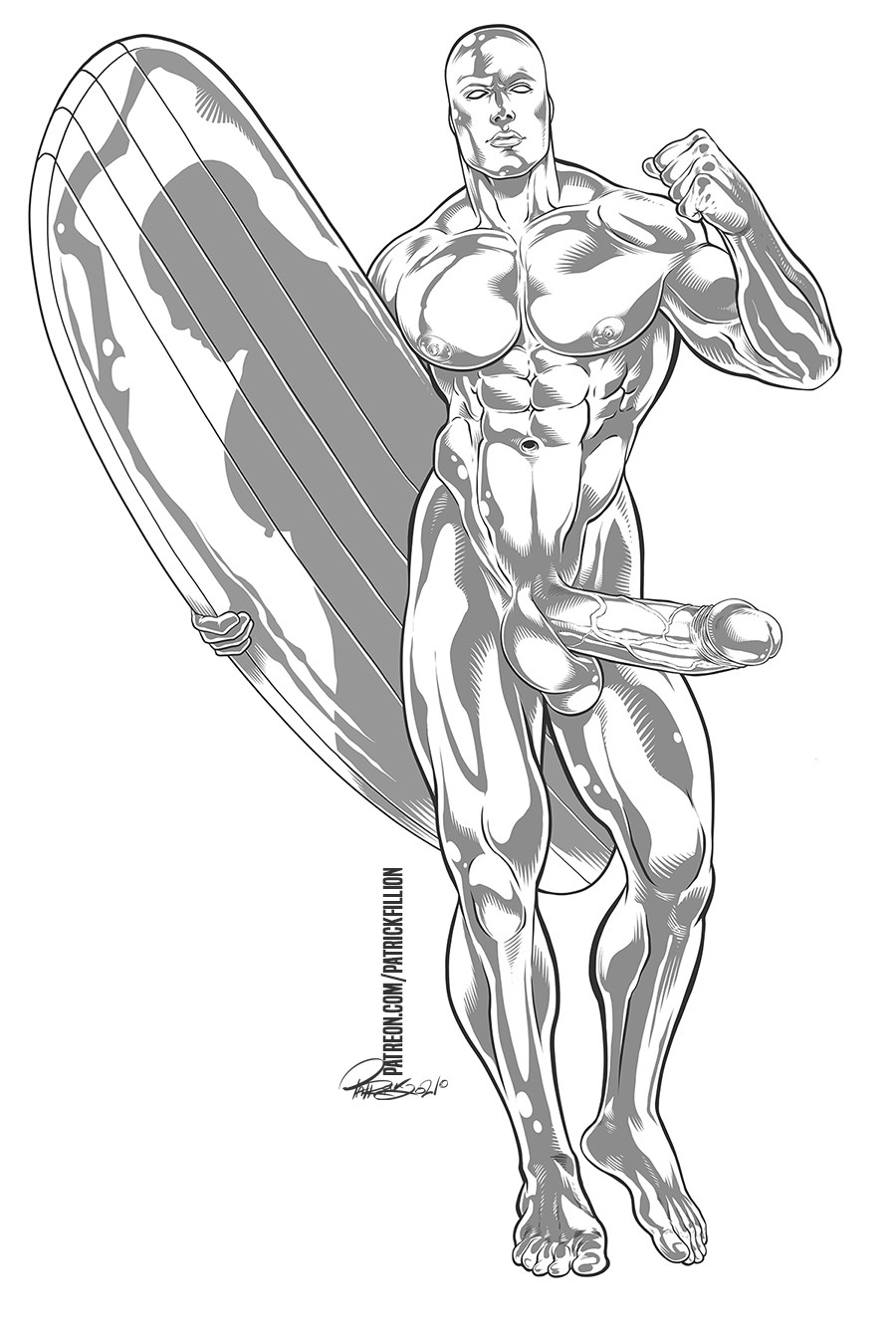 1boy abs alien balls big_penis fantastic_four male male_only marvel marvel_comics metallic_body muscular_male naked nipples norrin_radd nude patrick_fillion silver_surfer solo