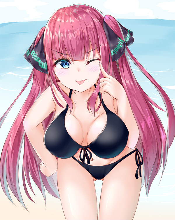 beach background, bikini, black bikini, black ribbon, blue eyes, blush, female, go-toubun no hanayome, looking at viewer, nakano nino, pink hair, tongue, tongue out, very long hair