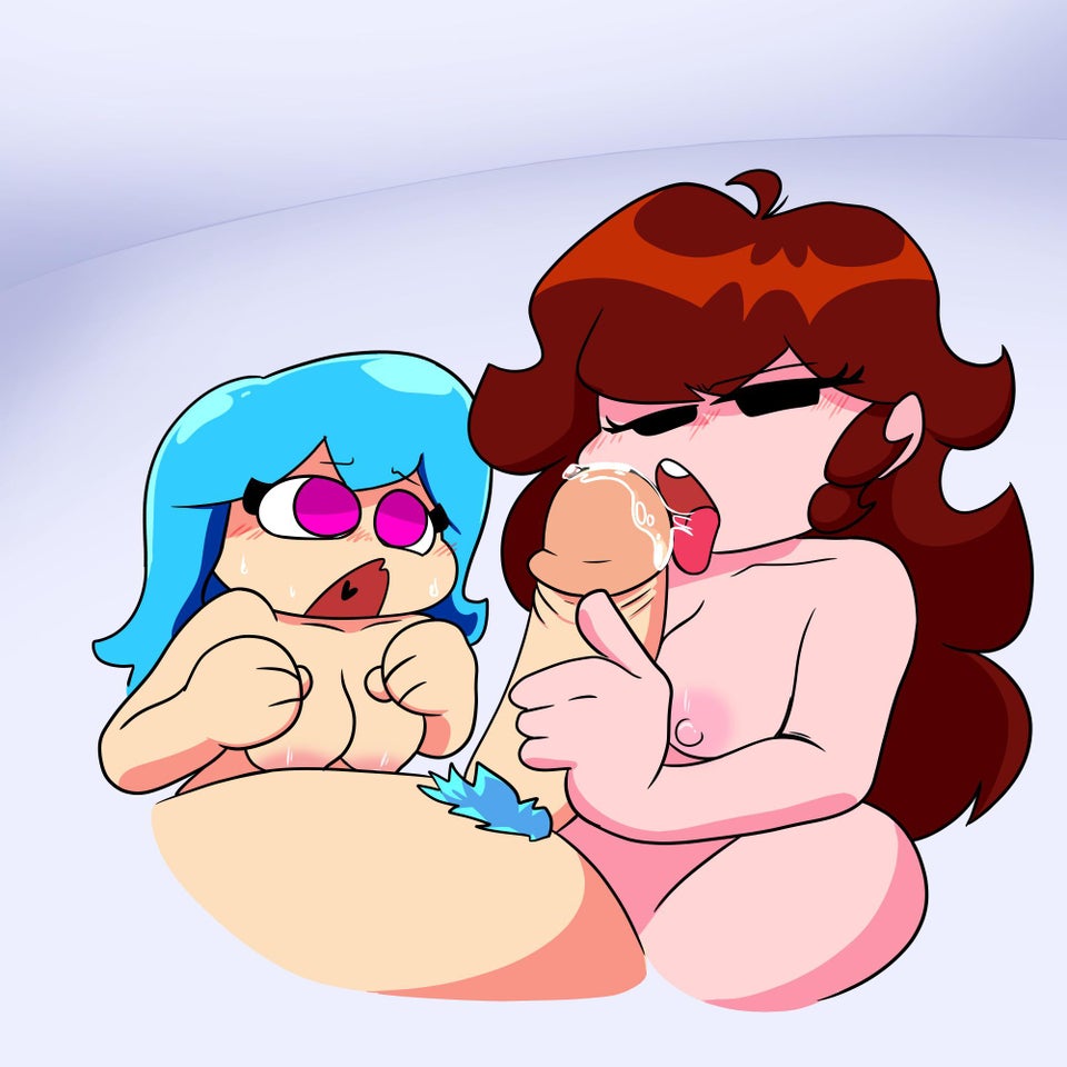1boy, 2girls, astranger, blue hair, blue pubic hair, boyfriend (friday night funkin), breasts, brown hair, dick, female, friday night funkin, girlfriend (friday night funkin), hand on penis, huge cock, licking penis, male, mob face, open mouth, oral, oral sex, original sky (friday night funkin), penis, pink eyes, sky (friday night funkin), skyverse