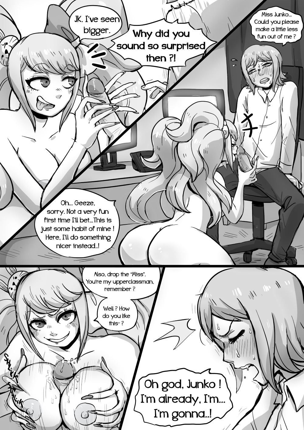 1boy, 1girls, blush, breasts, comic, computer, danganronpa, erection, female, grin, junko enoshima, licking, licking penis, long fingernails, looking at another, looking at penis, male, mitarai ryota, notsafeforfruit, paizuri, penis, penis lick, seductive look, short hair, smooth skin, sweat, text, titjob, tongue, tongue out, twintails