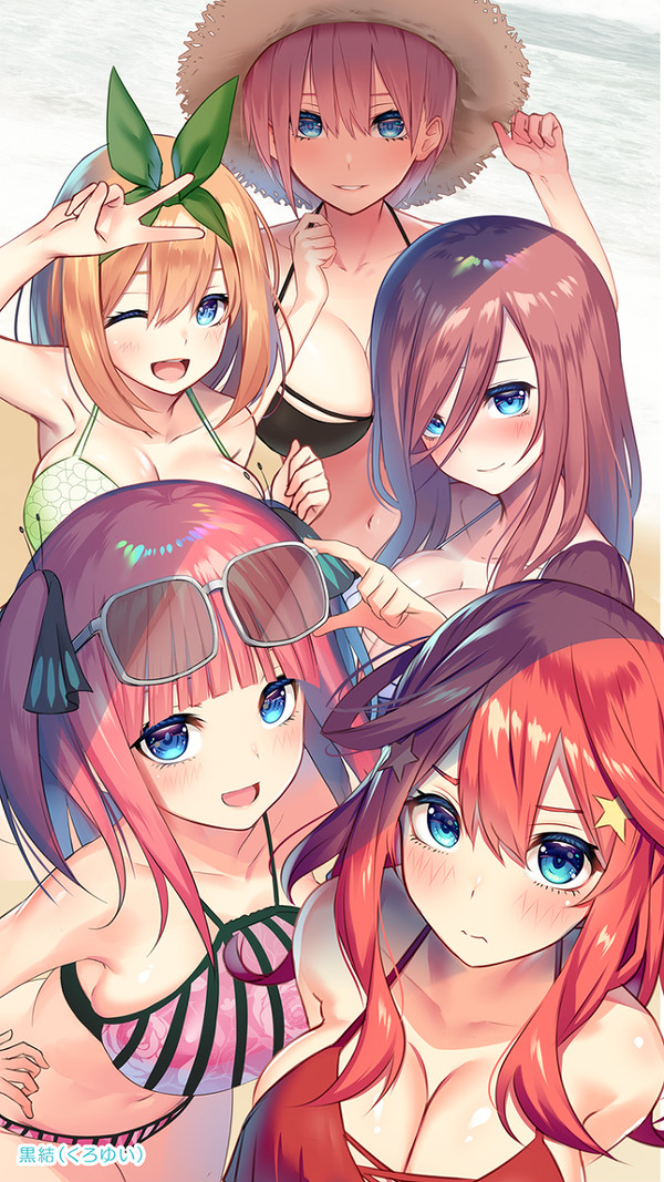5girls, beach background, bikini, blue eyes, blush, breasts, brown hair, female, go-toubun no hanayome, happy, hat, huge breasts, kakaon, long hair, looking at viewer, multiple females, multiple girls, nakano ichika, nakano itsuki, nakano miku, nakano nino, nakano yotsuba, open mouth, orange hair, pink hair, purple hair, quintuplets, red hair, short hair, sisters, sunglasses on head