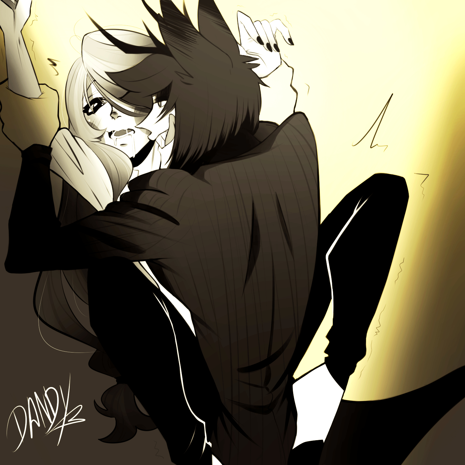1boy, 1girls, 2d, against wall, alastor (hazbin hotel), ambiguous penetration, antlers, cervid, cervine, charlie morningstar (hazbin hotel), clothed, clothed female, clothed male, clothed sex, clothing, dandylinn, deer, deer ears, demon, demon girl, digital media (artwork), ears, face-to-face, female, female penetrated, hair, hazbin hotel, holding, horns, implied sex, male, male penetrating, male/female, open mouth, pinned, restrained, saliva, saliva trail, sex, sexually suggestive, smooth skin, tagme, tongue, tongue out, wall
