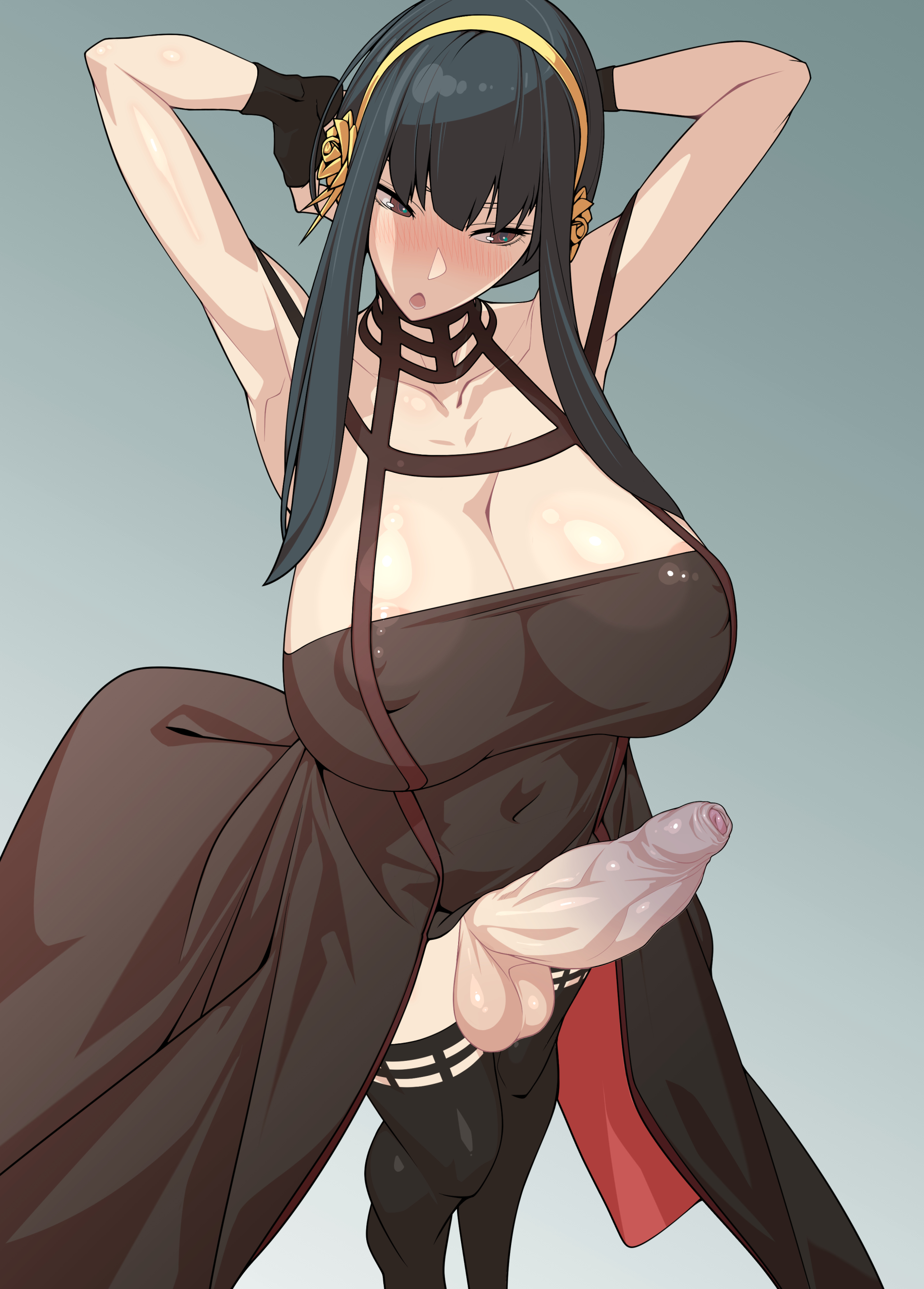 1futa, armpits, arms up, balls, bangs, big penis, black hair, bottomless, bow, breasts, brown eyes, clothed, clothing, erection, expansion, foreskin, futa only, futanari, genital expansion, genital growth, genital growth (enlargement), growing, high resolution, high-angle view, huge breasts, human, intersex, light skin, light-skinned futa, long hair, mostly clothed, penis, penis expansion, penis growth, penis growth (enlargement), solo, spy x family, standing, stockings, thick thighs, thighs, tomoyuki kotani, uncensored, uncircumcised, uncut, unretracted foreskin, yor briar, yor forger