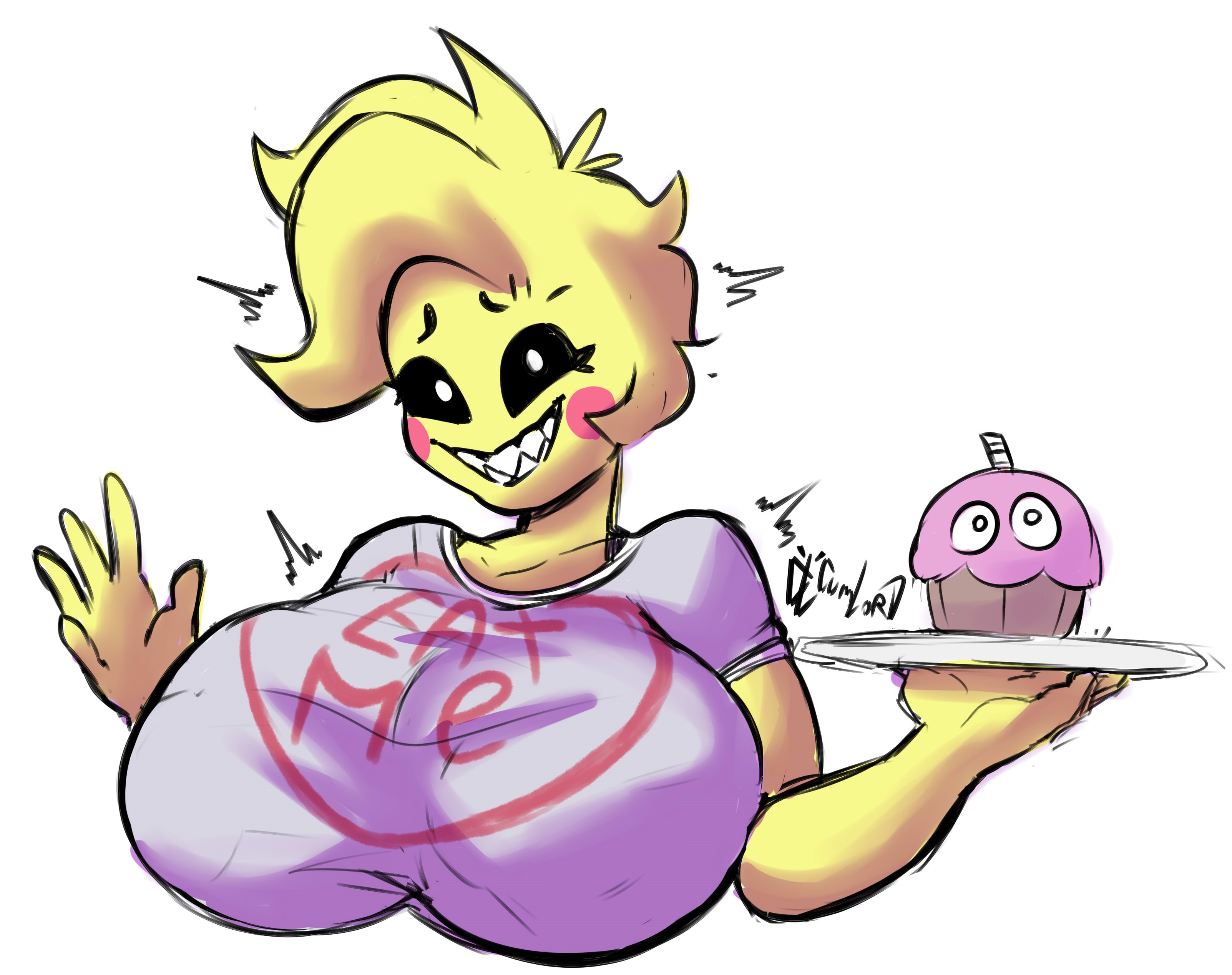 1girls, 5 fingers, anthro, anthrofied, big breasts, black eyes, black sclera, breasts, clenched teeth, cumlord, cumlord (artist), cupcake, cupcake (fnaf), english text, eyebrows, eyelashes, female, female only, five nights at freddy's, five nights at freddy's 2, hair, hard nipples, holding, holding object, huge breasts, humanoid, just coffee, large breasts, nervous, nervous smile, nipple bulge, nipples, no bra, no humans, plate, sharp teeth, shirt, simple background, smile, smiling, smiling at viewer, solo, solo female, teeth, text, toy chica (fnaf), waving, white background, white pupils, yellow body, yellow fur, yellow hair