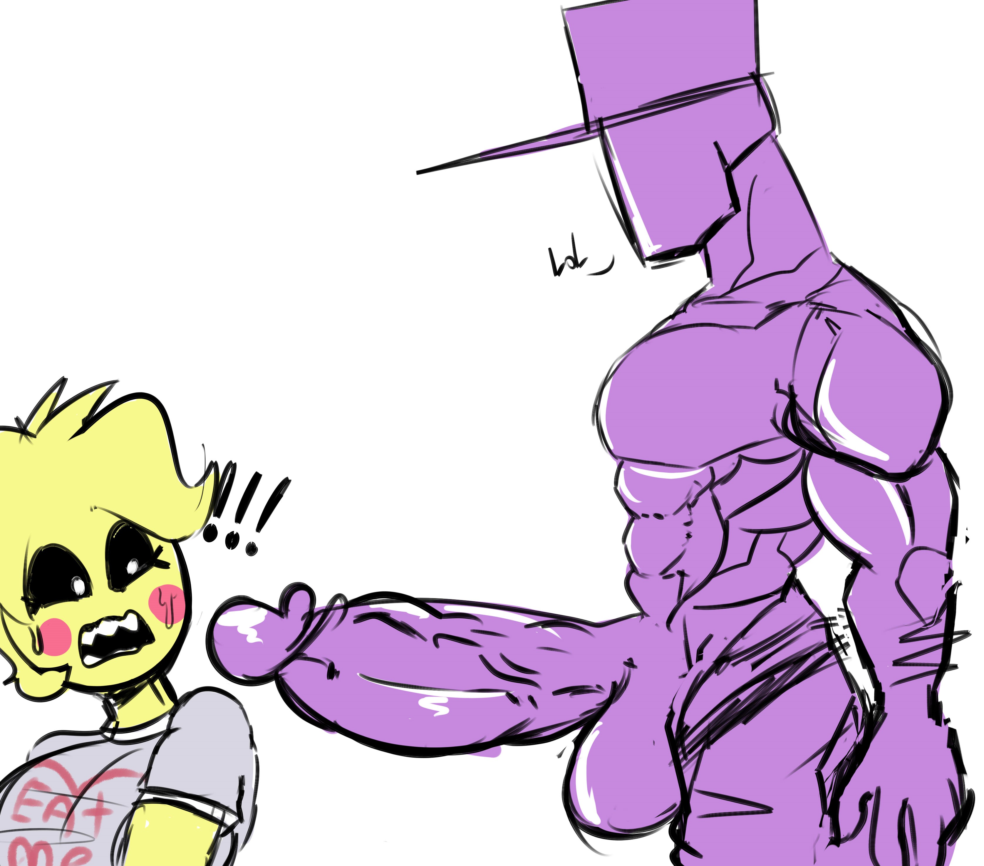 1boy, 1girls, 5 fingers, balls, big breasts, big penis, breasts, buff, cumlord, cumlord (artist), female, five nights at freddy's, five nights at freddy's 2, foreskin, hat, just coffee, male, muscles, no face, penis, purple guy (fnaf), shirt, shocked, shocked expression, straight, text, toy chica (fnaf), uncircumcised, william afton
