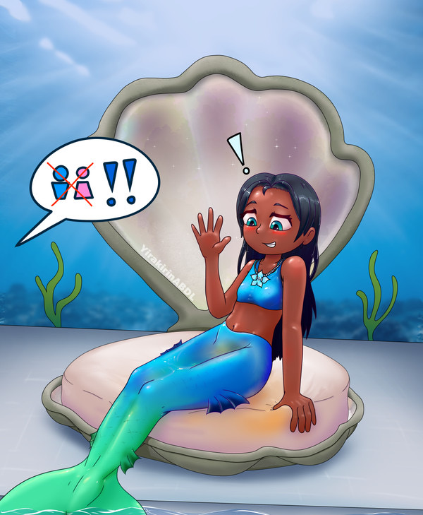 blush clam clam_shell dark-skinned_female embarrassed mermaid mermaid_girl mermaid_tail mi'ara mi’ara original pee_stain peeing peeing_self stained_clothes urine waving wetting wetting_self yirakirin