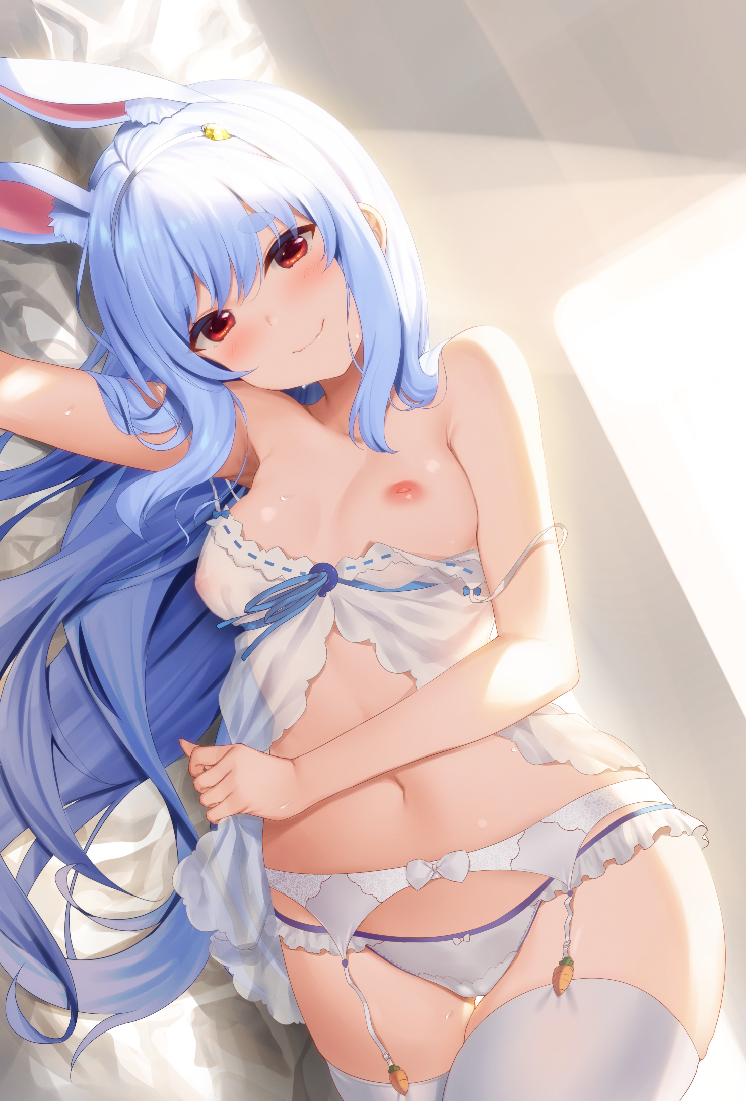 1girls, alternate hairstyle, animal ear fluff, animal ears, babydoll, bangs, bare shoulders, blue hair, blush, breasts, bunny ears, bunny girl, cameltoe, commentary request, commission, eyebrows visible through hair, female, garter belt, hair down, hair ornament, highres, hololive, hololive fantasy, hololive japan, holomilfs, kemonomimi, light skin, light-skinned female, lingerie, long hair, looking at viewer, lying, mature female, medium breasts, multicolored hair, navel, negligee, nipples, on side, one breast out, pekomama, pussy, rabbit ears, rabbit girl, raiou, sidelocks, skeb commission, small breasts, smile, solo, stomach, thighhighs, thighs, underwear, usada pekora, virtual youtuber