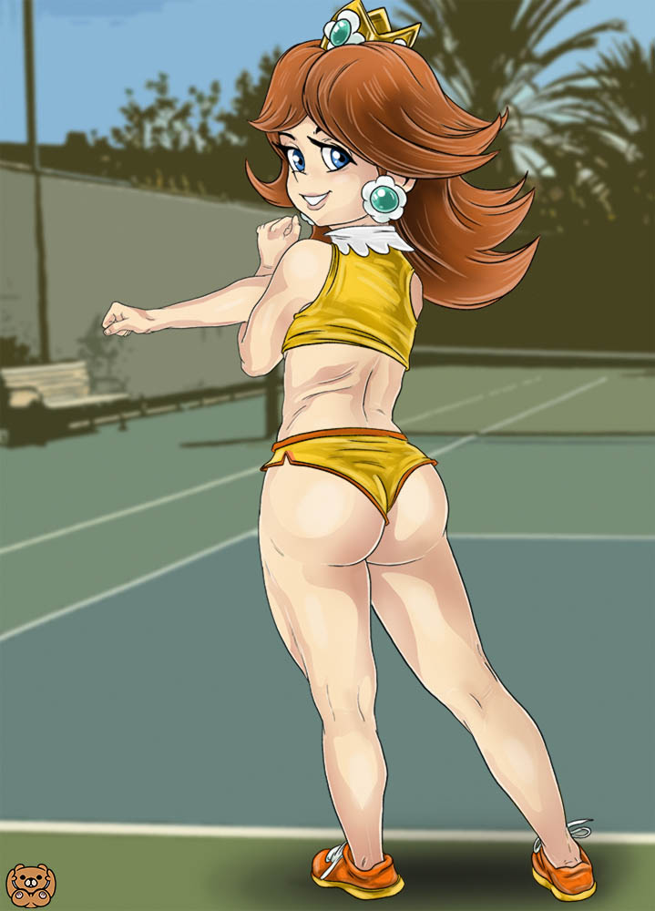 1girls ass blue_eyes brown_hair crown earrings female female_only grizzlydafurry looking_at_viewer looking_back mario_(series) mario_tennis nintendo panties princess_daisy shoes smile solo solo_female sports_bra teeth tennis_court