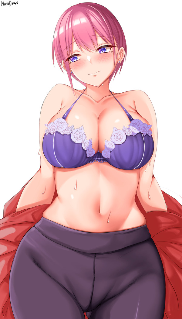 artist request, blue eyes, blush, bra, breasts, female, go-toubun no hanayome, huge breasts, nakano ichika, pink hair, purple bra, short hair, sweat, undressing, very short hair