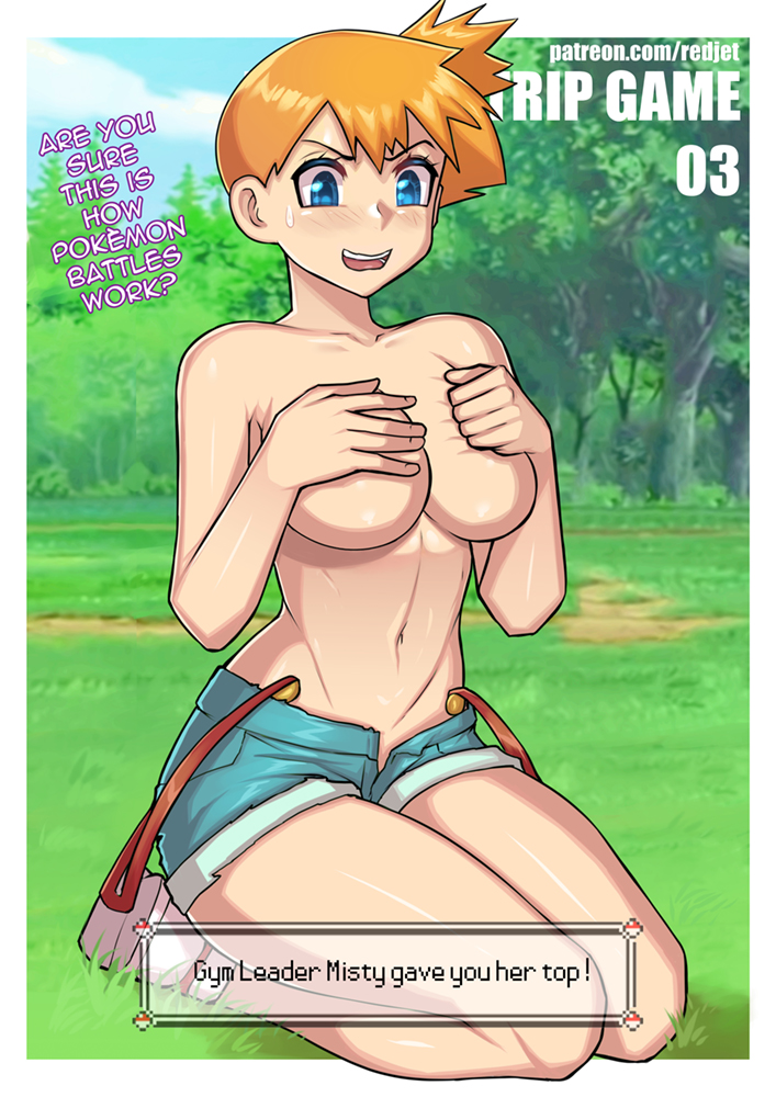 1girls, asymmetrical hair, bangs, bare shoulders, blue eyes, blush, border, breasts, cleavage, cowboy shot, creatures (company), day, denim, denim shorts, english text, female, full body, game freak, gen 1 pokemon, gym leader, hair tie, hand on chest, hand on own chest, huge breasts, kasumi (pokemon), kneeling, large breasts, legs, looking at viewer, navel, nintendo, open clothes, open shorts, orange hair, orange-haired female, outdoors, part 3, poke ball, pokemon, pokemon (anime), pokemon (classic anime), pokemon (game), pokemon rgby, ponytail, redjet, shiny, shiny hair, shoes, short hair, shorts, side ponytail, sitting, smile, sneakers, solo, strip game, suspenders, thighs, topless, tree, white border