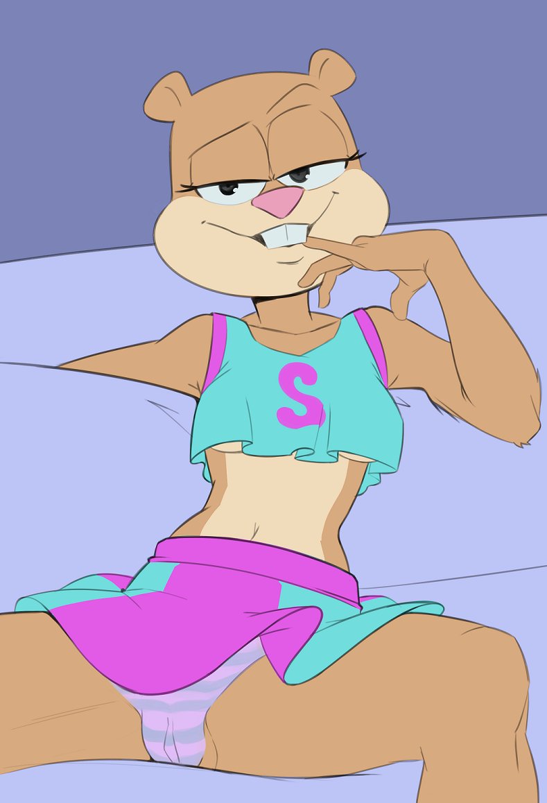 1girls anthro bedroom_eyes black_eyes buckteeth cameltoe cheerleader cheerleader_uniform clothed crop_top female female_only finger_in_mouth fur furry half-closed_eyes looking_at_viewer navel nickelodeon panties sandy_cheeks saran-rape seductive_look skirt solo spongebob_squarepants spread_legs squirrel squirrel_ears straight_hair striped_panties underboob upskirt