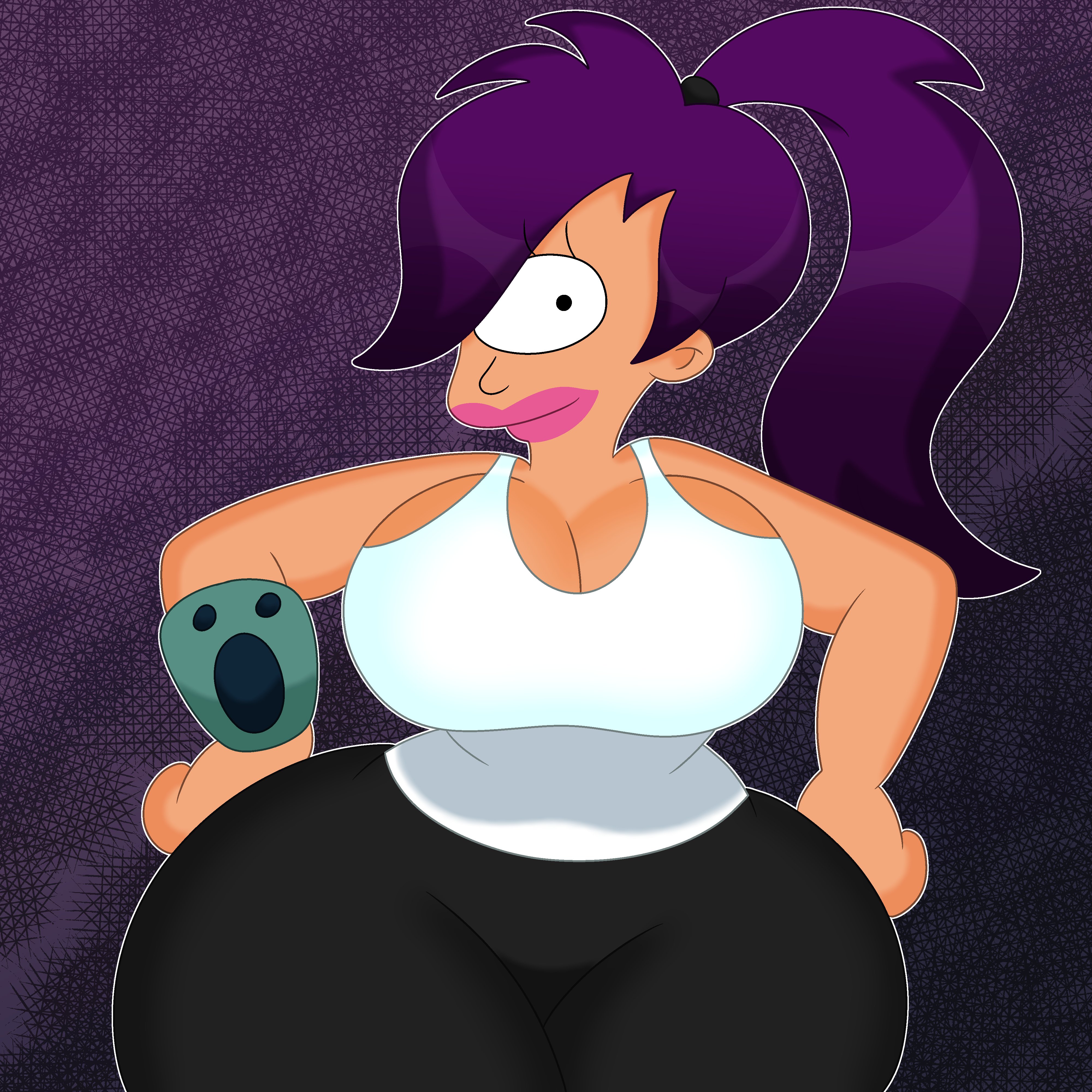 1 eye, 1girls, 3barts, alien, alien girl, ass, breasts, cameltoe, cleavage, curvaceous, curvy, cyclops, eyelashes, female, female only, futurama, hair, hands on hips, huge ass, large breasts, leggings, lips, lipstick, looking at viewer, pink lipstick, ponytail, pose, purple hair, pussy, simple background, smile, solo, solo female, sweatpants, tank top, thick thighs, tight clothing, turanga leela, wrist cuff