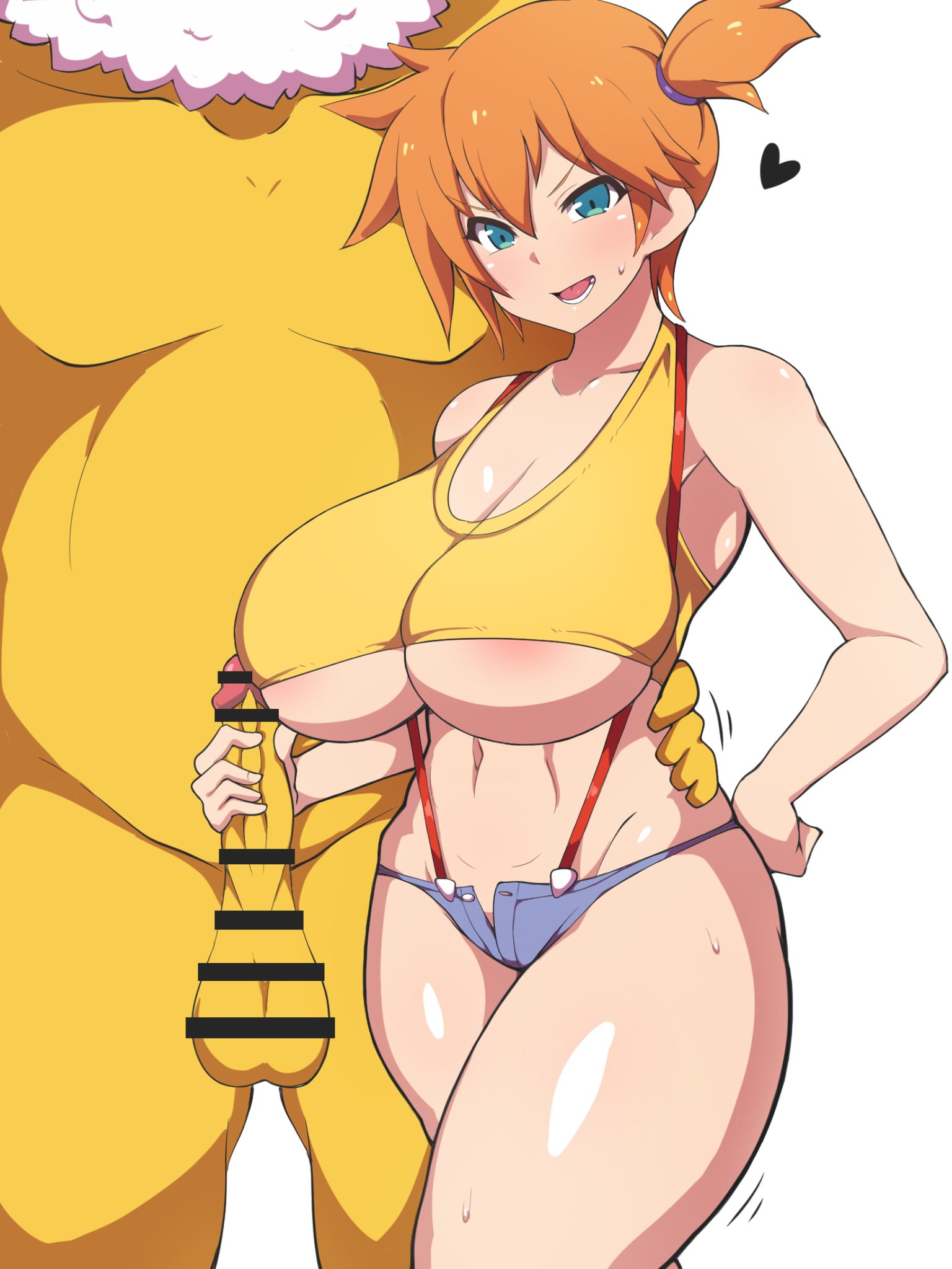 1boy, 1girls, adapted costume, alternate breast size, aqua eyes, asymmetrical hair, balls, bar censor, bare legs, blush, breasts, censored, covered erect nipples, dd (artist), denim, denim shorts, erect nipples, erect nipples under clothes, female, game freak, gym leader, heart, high resolution, human, hypno, kasumi (pokemon), large breasts, legs, legs together, looking at viewer, male, misty (pokemon), navel, nintendo, nipples, orange hair, penis, penis grab, pokemon, pokemon (anime), pokemon (classic anime), pokemon (species), pokemon character, pokemon rgby, pokephilia, ponytail, shirt, short hair, short shorts, shorts, side ponytail, smile, standing, suspenders, swimsuit, tank top, testicles, thick thighs, thighs, tied hair, underboob, white swimsuit, wide hips, yellow shirt, yellow tank top