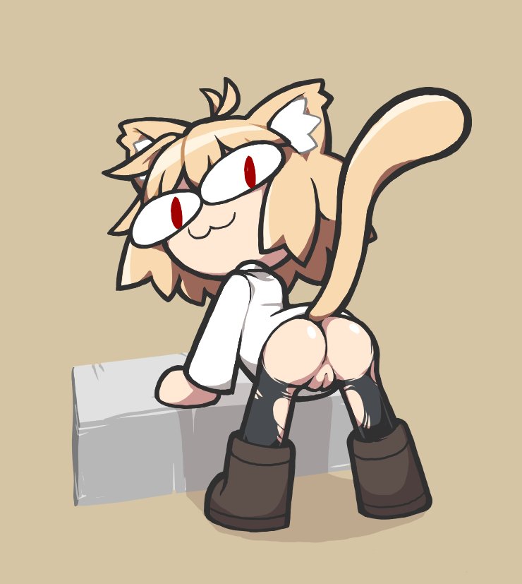 :3, 1girls, 2021, 2d, animal ear fluff, animal ears, antenna hair, anthro, ass, ass focus, back view, backsack, balls, ballsack, bent over, black pants, black pantyhose, blush, boots, breasts, brown background, brown footwear, cameltoe, cat ears, cat girl, cat tail, catgirl, felid humanoid, feline humanoid, female, female only, gummuru, leaning on object, looking at viewer, looking back, male, melty blood, mob face, monster girl, neco-arc, no pants, open mouth, orange hair, pants, pantyhose, pussy, red eyes, ripped pants, shadow, short hair, simple background, slit pupils, small breasts, smile, solo, solo female, spread legs, spreading, sweater, tail, torn clothes, torn pantyhose, tsukihime, turtleneck, turtleneck sweater, type-moon, uncensored, white shirt, white sweater