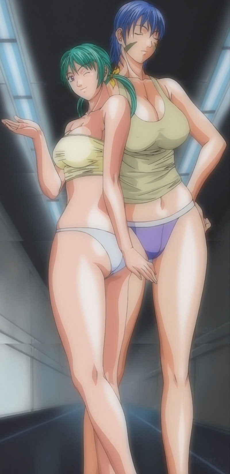 2girls blue_hair breasts cleavage crop_top discipline discipline:record_of_a_crusade eyes_closed full_body green_hair highres huge_breasts miyagishi_yuuki multiple_girls navel nonomura_ruri panties screencap screenshot standing underwear wink