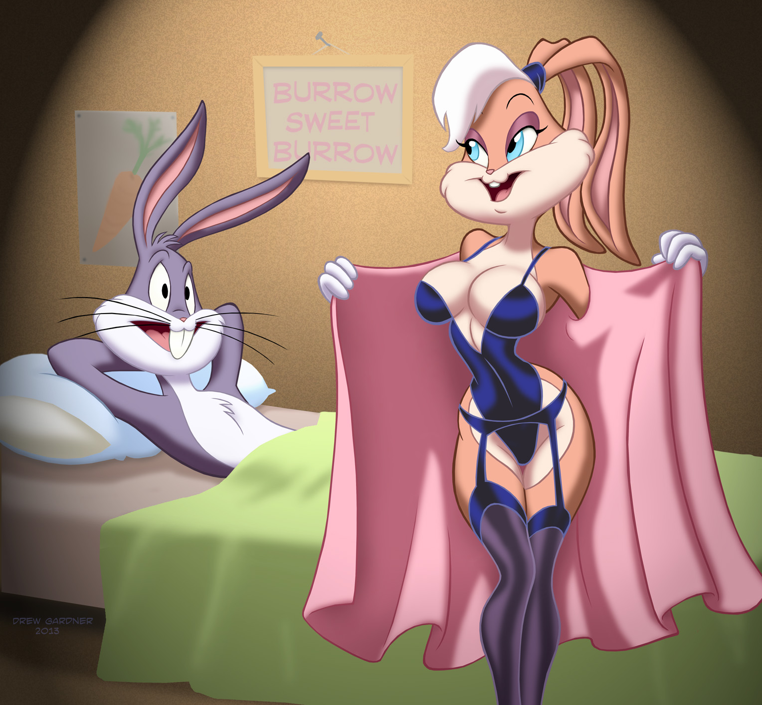 anthro, bed, bugs bunny, drew gardner, female, lingerie, lingerie under robe, lola bunny, looney tunes
