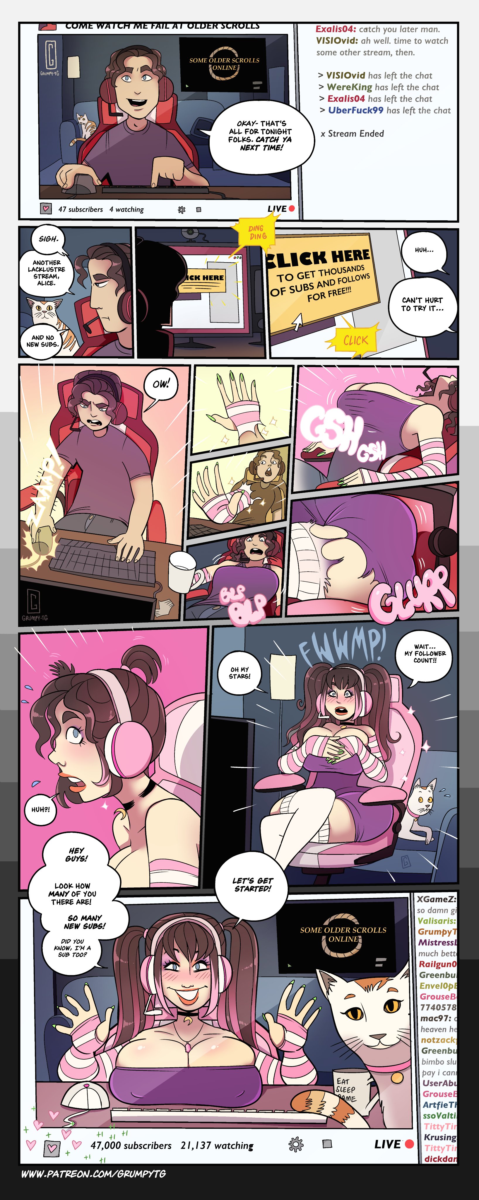 1girls, breast expansion, breast growth, breast growth (enlargement), breasts, cat, cleavage, comic, dialogue, female, gender transformation, grumpy-tg, hair growth, headphones, huge breasts, mtf transformation, original, original character, rule 63, solo, streaming, transformation, twintails