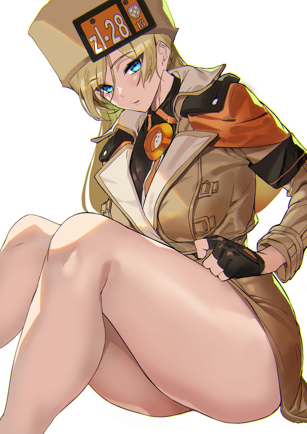 1girls arc_system_works ashiomi_masato blonde_hair blue_eyes coat fingerless_gloves gloves guilty_gear guilty_gear_strive hat looking_at_viewer military_uniform millia_rage pinup simple_background sitting solo very_long_hair white_background