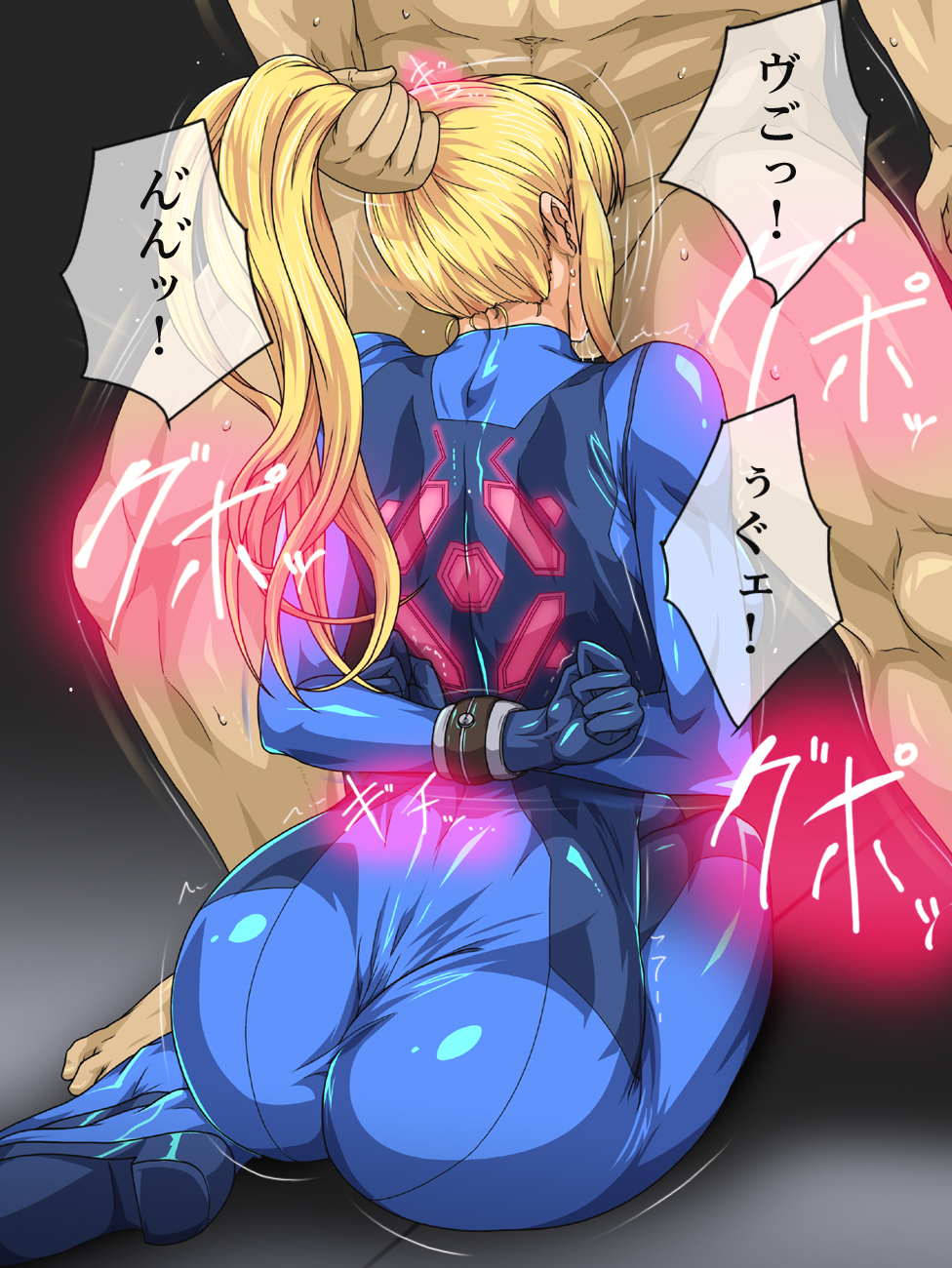 1boy, 1girls, arms tied, arms tied behind back, ass, back, bad end, blonde hair, bodysuit, bondage, bound, bound arms, bound wrists, captured, captured heroine, clothed sex, deepthroat, defeated, defeated heroine, face fucking, fellatio, female, fit, fit female, forced, grabbing hair, greco roman (spiral brain), gureko rouman, hair pull, implied deepthroat, irrumatio, japanese text, light skin, light-skinned female, long hair, male, metroid, nintendo, oral, plunger position, ponytail, ponytail hold, pulling hair, pulling ponytail, rape, restrained, restraints, samus aran, sex, slim waist, sound effects, straight, super smash bros., throat fuck, thrusting, translation request, variant, wide hips, zero suit samus