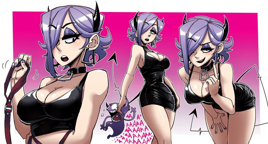 1girls, 2d, ass, big ass, big breasts, black dress, breasts, cleavage, demon, demon tail, dress, eyeshadow, female, gingrjoke, goth, horn, horns, liz (gingrjoke), looking away, nail polish, original character, purple eyeshadow, purple hair, purple nails, skimpy clothes, skimpy dress, tail, text, text bubble, thighhighs, tight dress