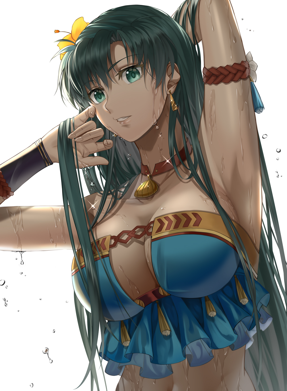 1girls alternate_costume alternate_hairstyle arm_strap armpits bangs bikini blue_bikini blue_swimsuit breasts brown_choker choker cleavage clothing_cutout collarbone delsaber ear_piercing earrings female fire_emblem fire_emblem:_the_blazing_blade fire_emblem_heroes flower flower_in_hair frilled_bikini frills green_eyes green_hair hair_behind_ear hair_down hair_flower hair_ornament highres jewelry large_breasts long_hair looking_at_viewer looking_down lyn_(fire_emblem) lyn_(summer)_(fire_emblem) lyndis_(fire_emblem) navel nintendo parted_lips solo sparkle swimsuit underboob underboob_cutout upper_body very_long_hair water wet white_background white_skin yellow_flower