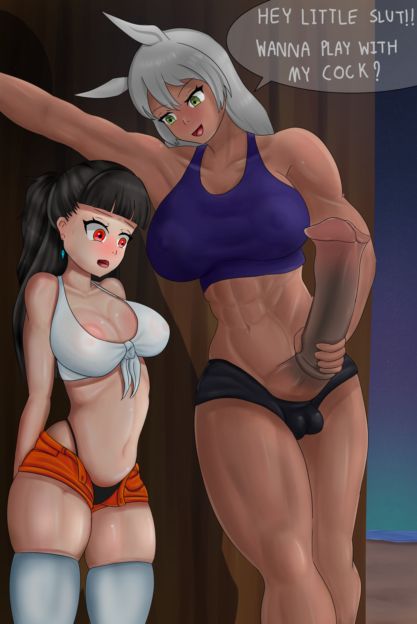 1futa, 1girls, animal genitalia on humanoid, asha (artist), breasts, english text, erection, female, futanari, holding penis, horsecock, horsecock on humanoid, huge breasts, huge cock, human, humanoid, imminent sex, intersex, n' kwang, penis, penis bigger than breasts, penis bigger than head, prostitution, size difference, standing, tagme, tank top