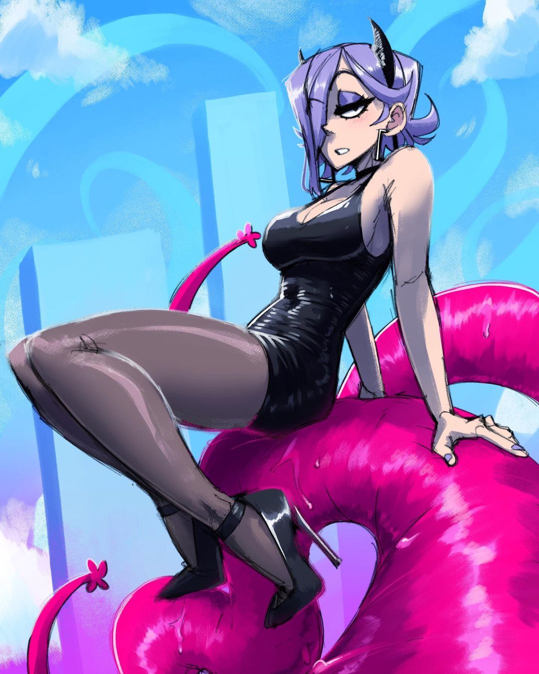 big breasts, big tentacle, black dress, black legwear, breasts, dress, eyeshadow, female, gingrjoke, gothic, high heels, horns, huge tentacle, liz (gingrjoke), looking at viewer, pantyhose, purple eyeshadow, purple hair, short dress, skimpy, skimpy clothes, skimpy dress, tentacle
