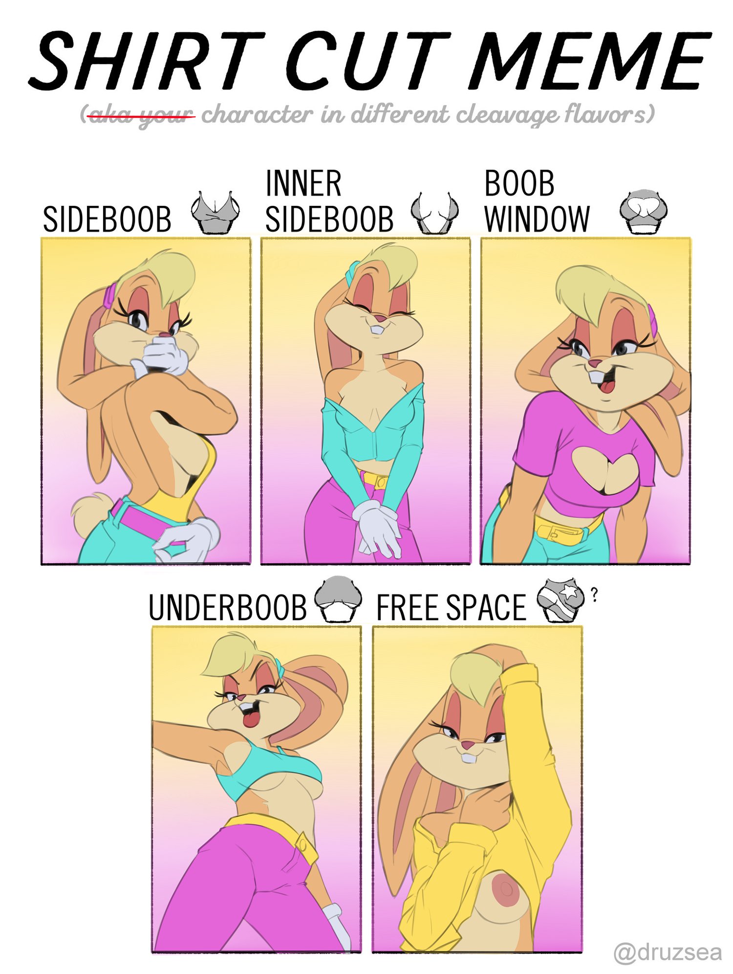1girls, anthro, areolae, blonde hair, boob window, breasts, cleavage, cleavage cutout, clothed, female, female only, fur, furry, lola bunny, looney tunes, nipples, rabbit, rabbit ears, rabbit humanoid, saran-rape, shirt cut meme, smile, solo, tagme, underboob, warner brothers