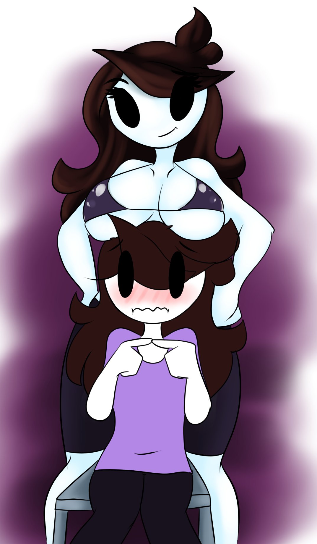 2017 2girls alternate_self blush bra breasts_on_head brown_hair eyebrows_visible_through_hair female female_only jaiden jaiden_animations multiple_girls neronova selfcest sitting taller_female white_skin youtube youtuber