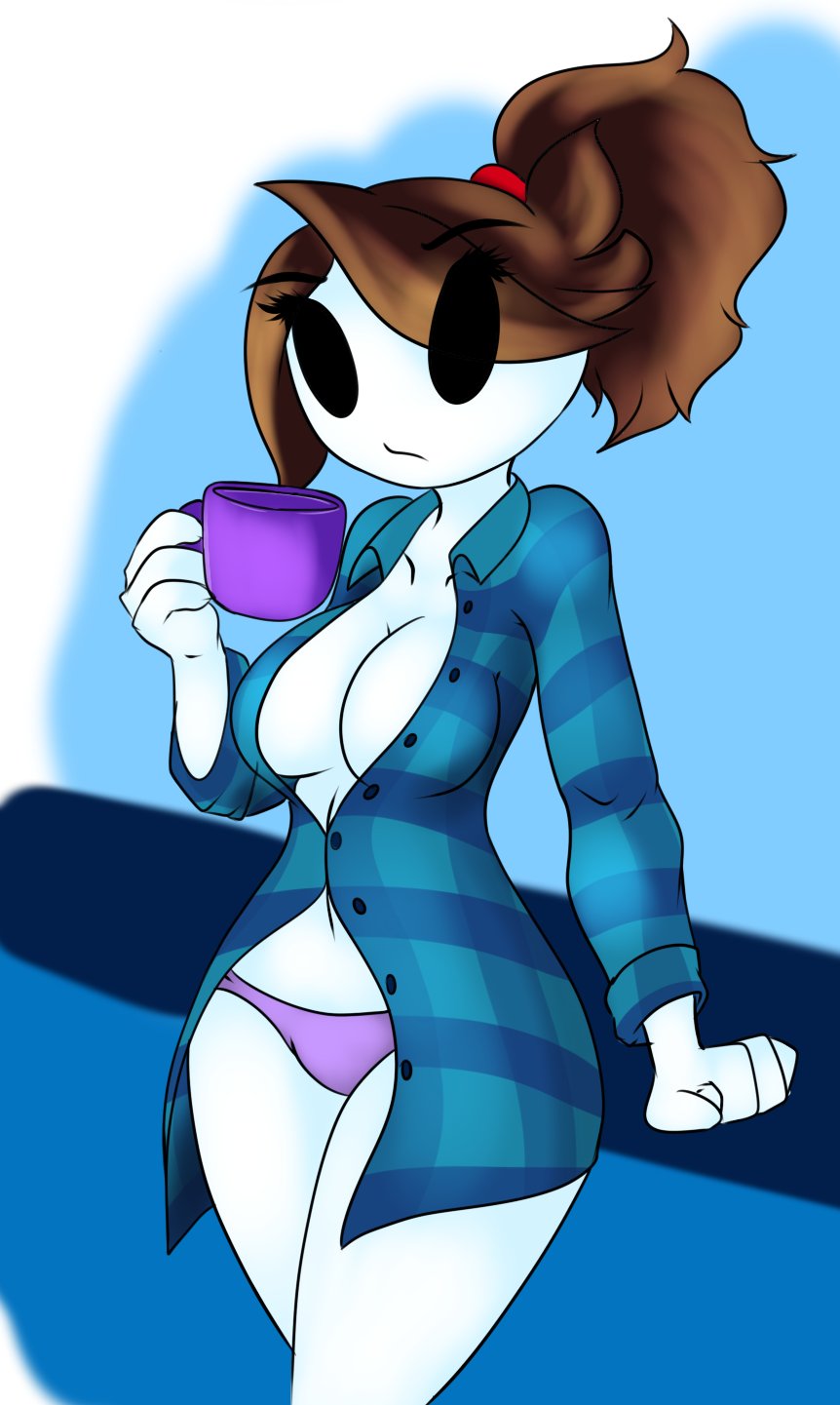 2017 alternate_hairstyle bent_wrist brown_hair cardigan casual casual_exposure cleavage clothing comfy female half_nude holding_object human jaiden jaiden_animations neronova no_bra pale_skin panties ponytail resting standing topwear youtube youtuber