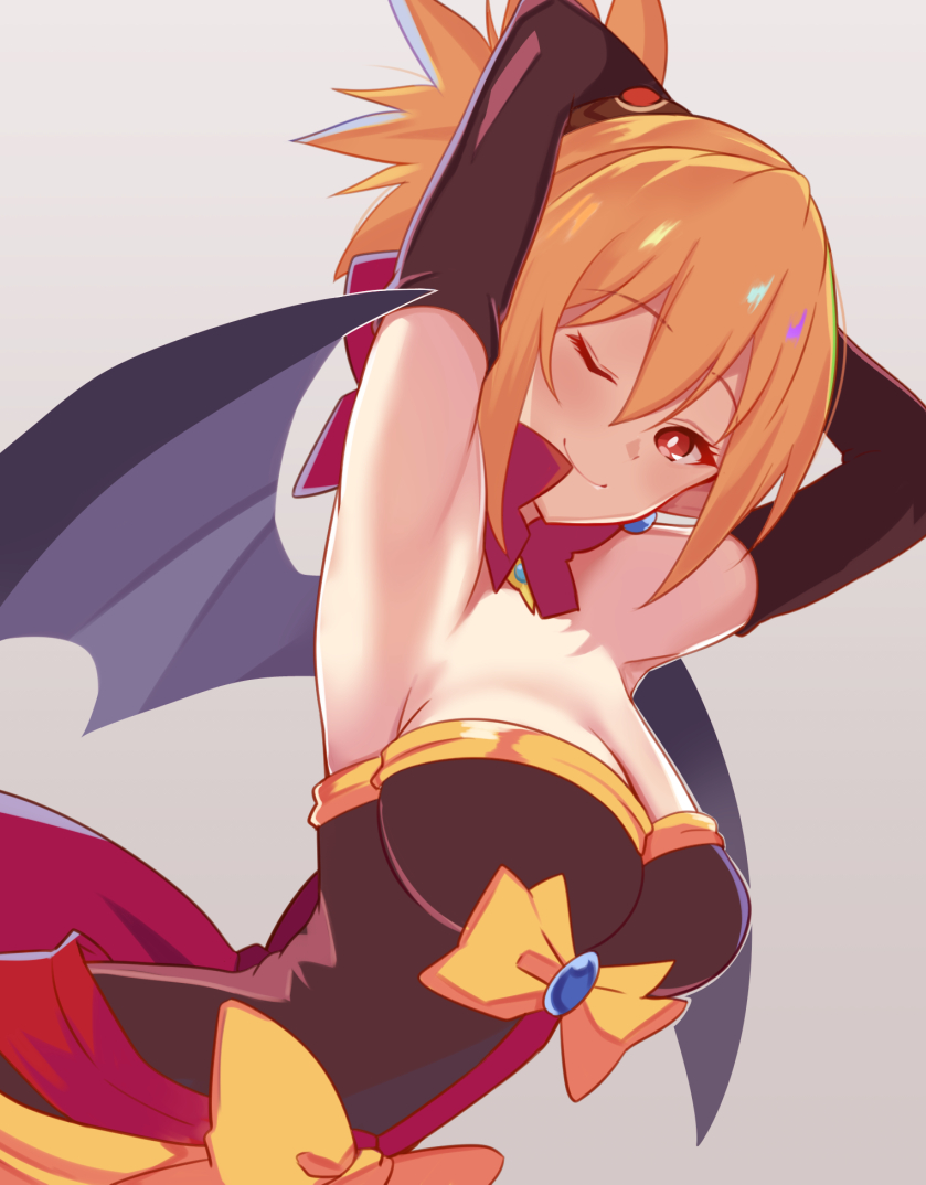 1girls arito_arayuru armpits arms_behind_head big_breasts blonde_hair breasts cleavage demon_girl disgaea disgaea_2 dress dutch_angle female female_only looking_at_viewer one_eye_closed ponytail pose red_eyes rozalin seductive seductive_smile short_hair smile wings yellow_bow