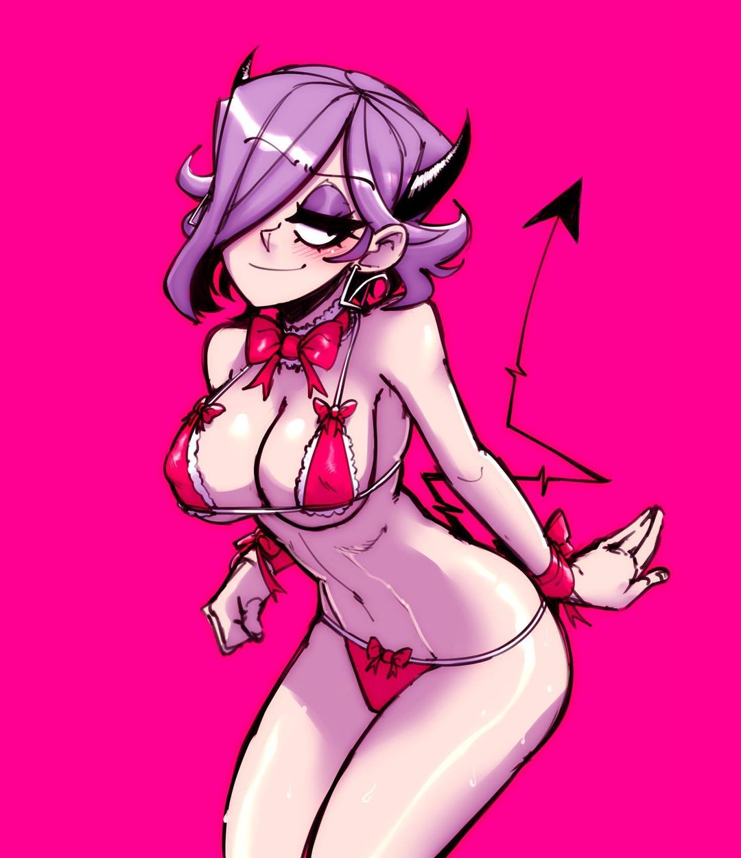 2d, bikini, bra, gingrjoke, liz (gingrjoke), panties, pink bikini, pink bra, pink panties, purple hair